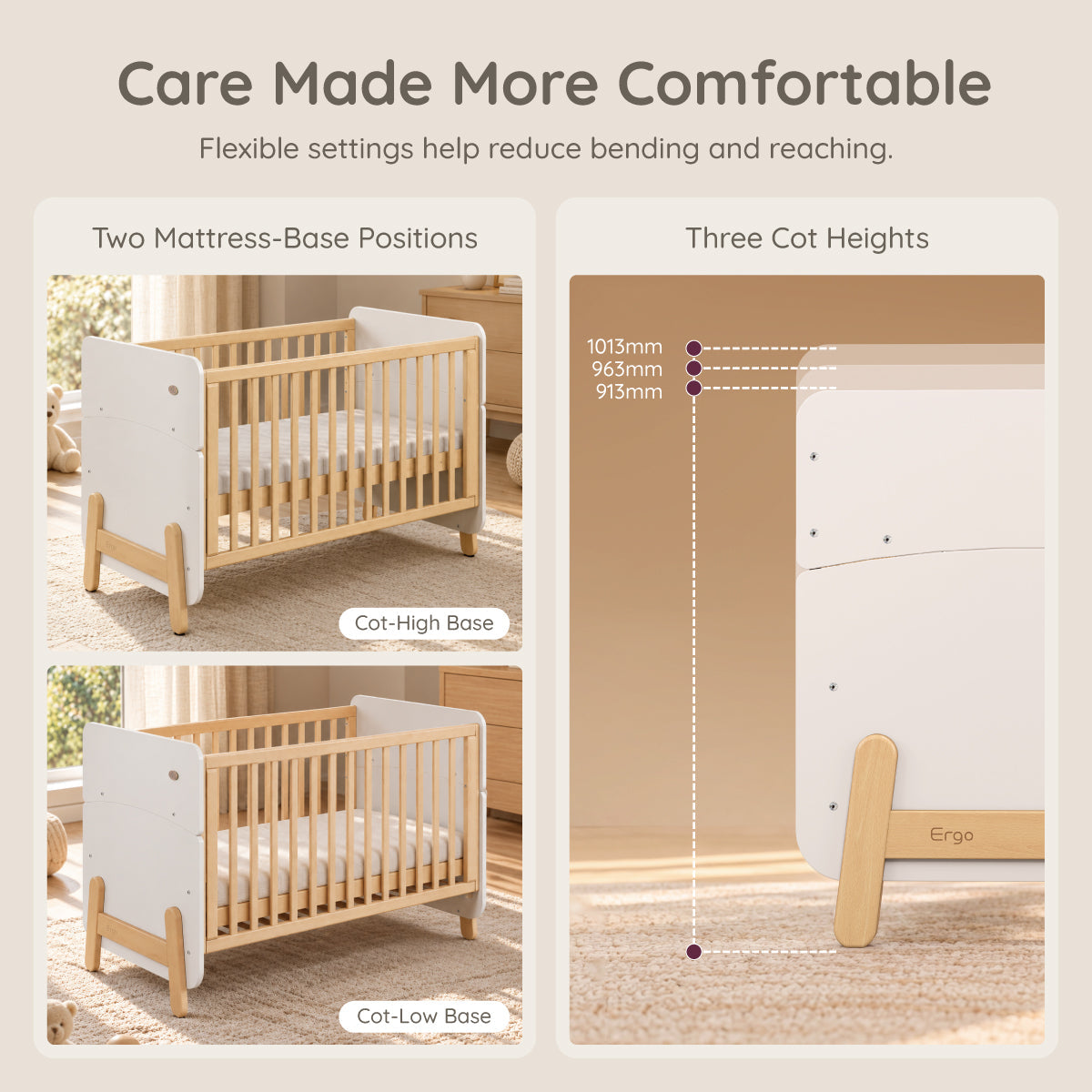 Natty Ergonomic Cot Bed two mattress-base positions and three cot heights