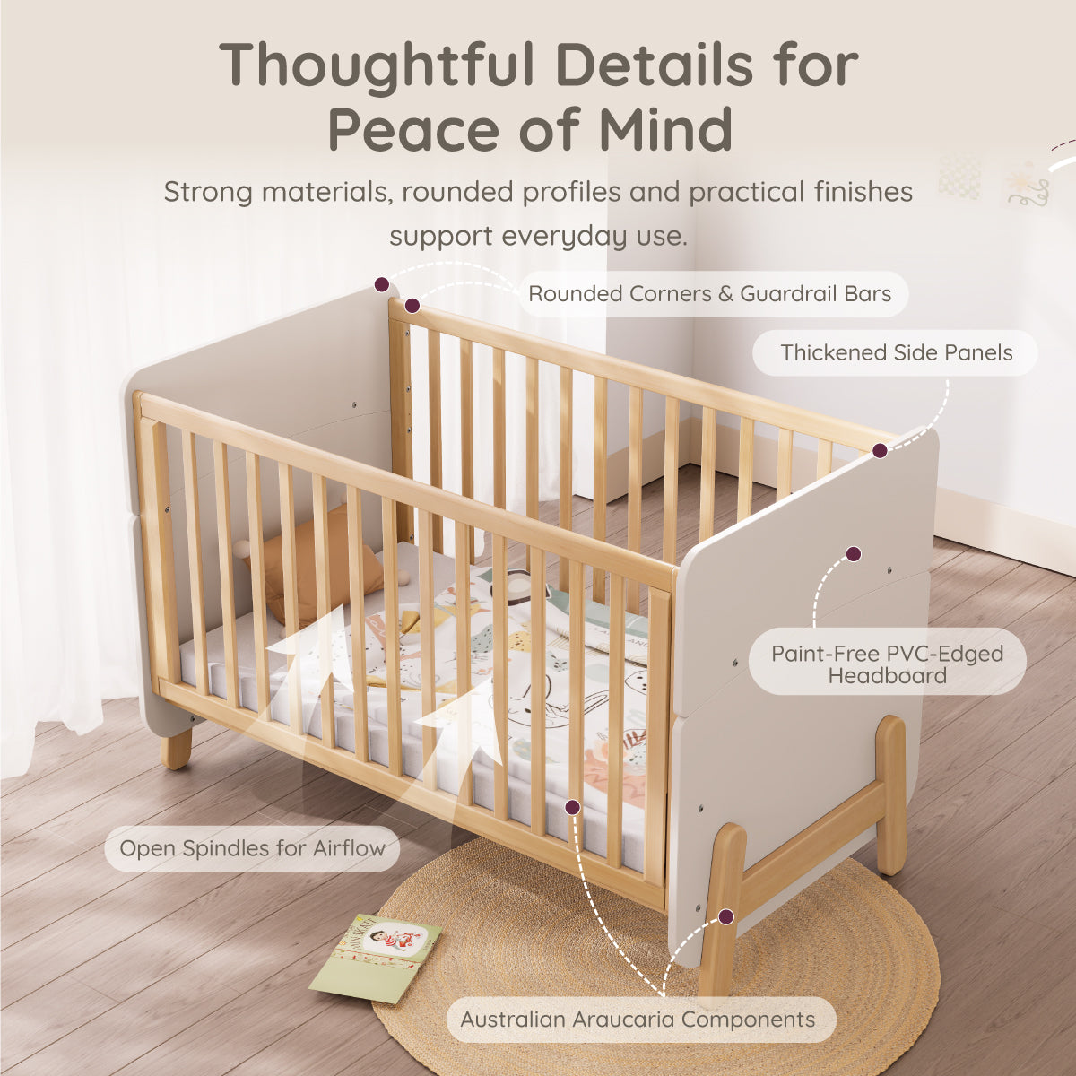 Natty Ergonomic Cot Bed details: rounded corners, thickened side panels and open spindles
