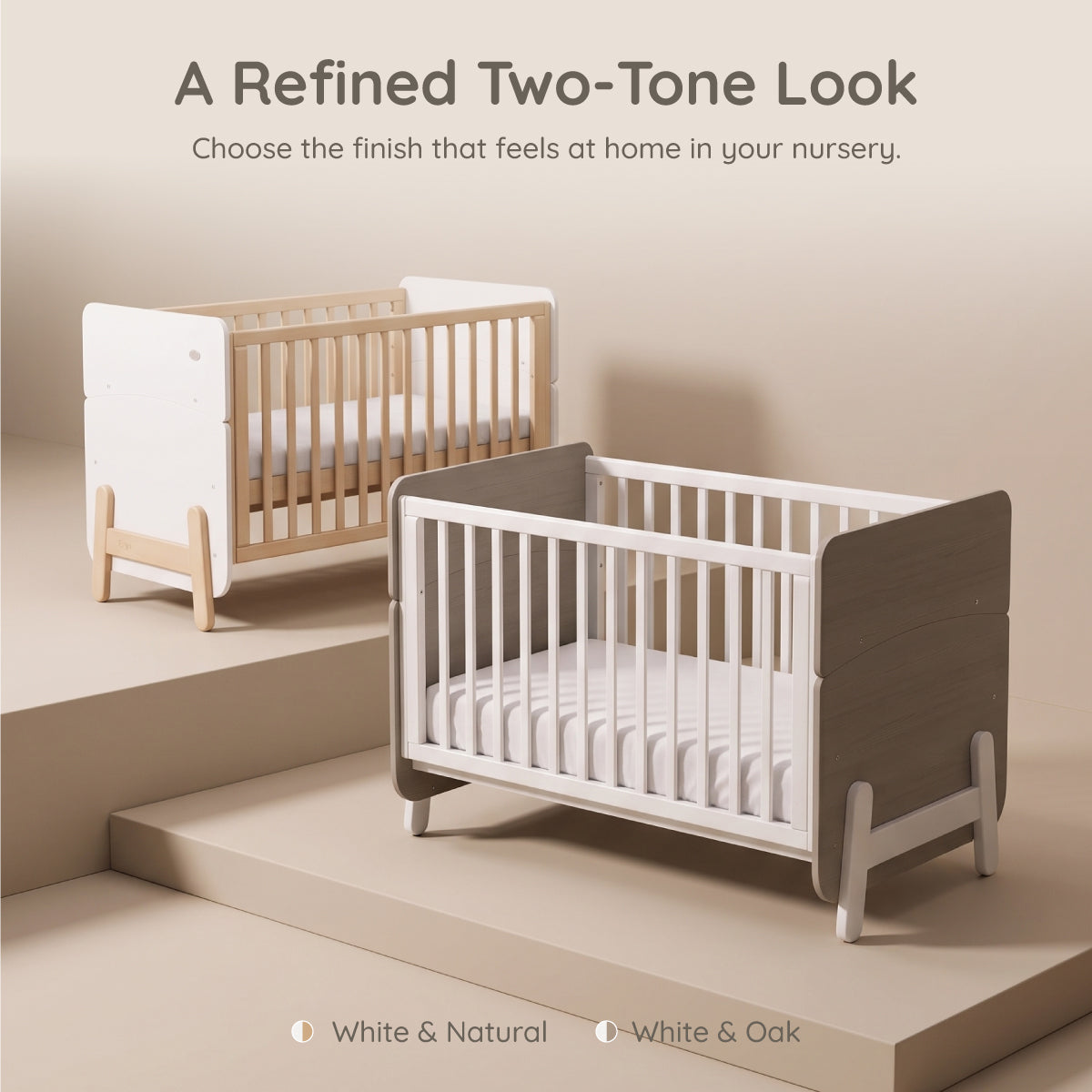 Boori Natty Ergonomic Cot Bed shown in White & Natural and White & Oak two-tone finishes