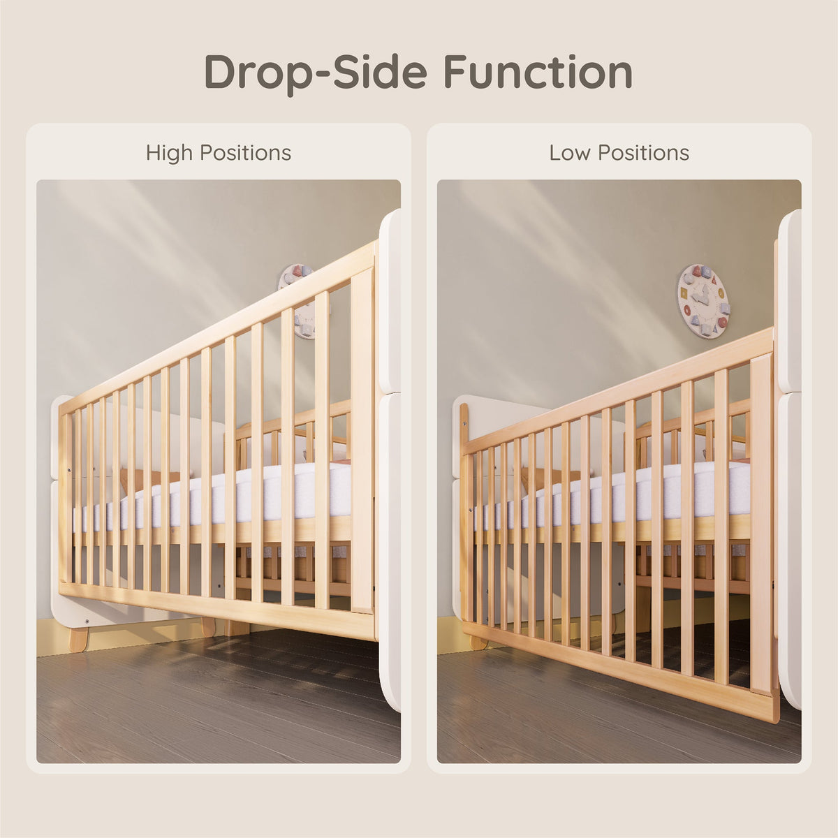 Natty Ergonomic Cot Bed drop side shown in high and low positions