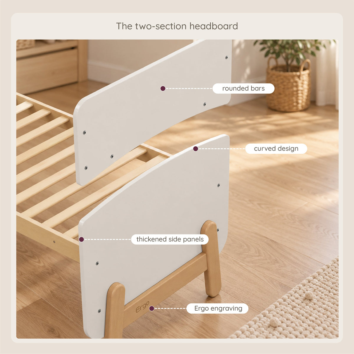 Natty Ergonomic Cot Bed two-section headboard that becomes a toddler guardrail