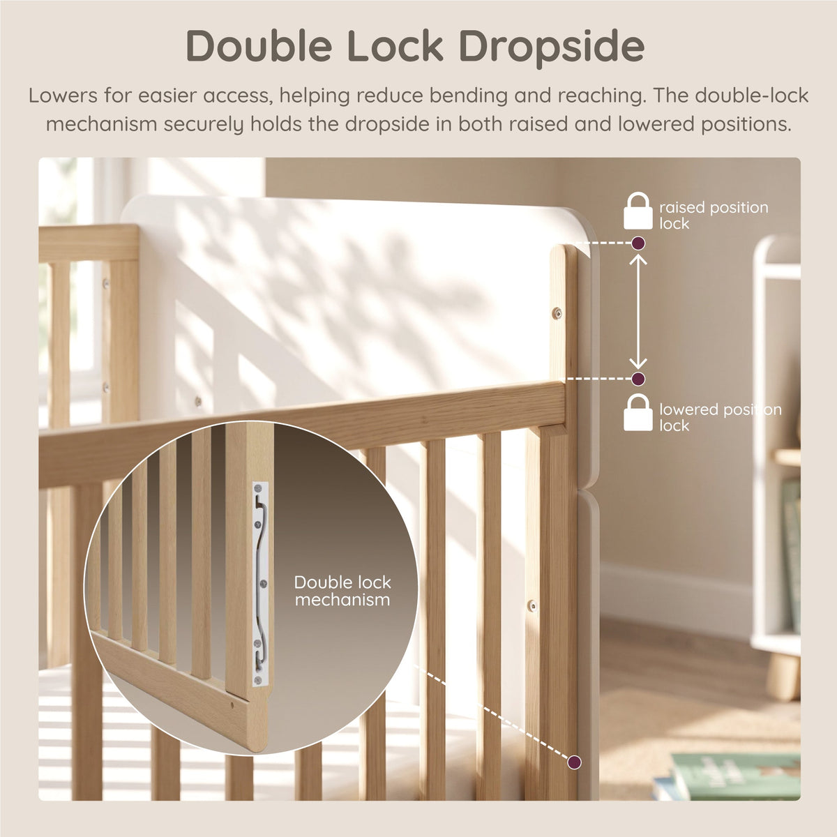Close-up of the Natty Ergonomic Cot Bed double-lock drop side mechanism