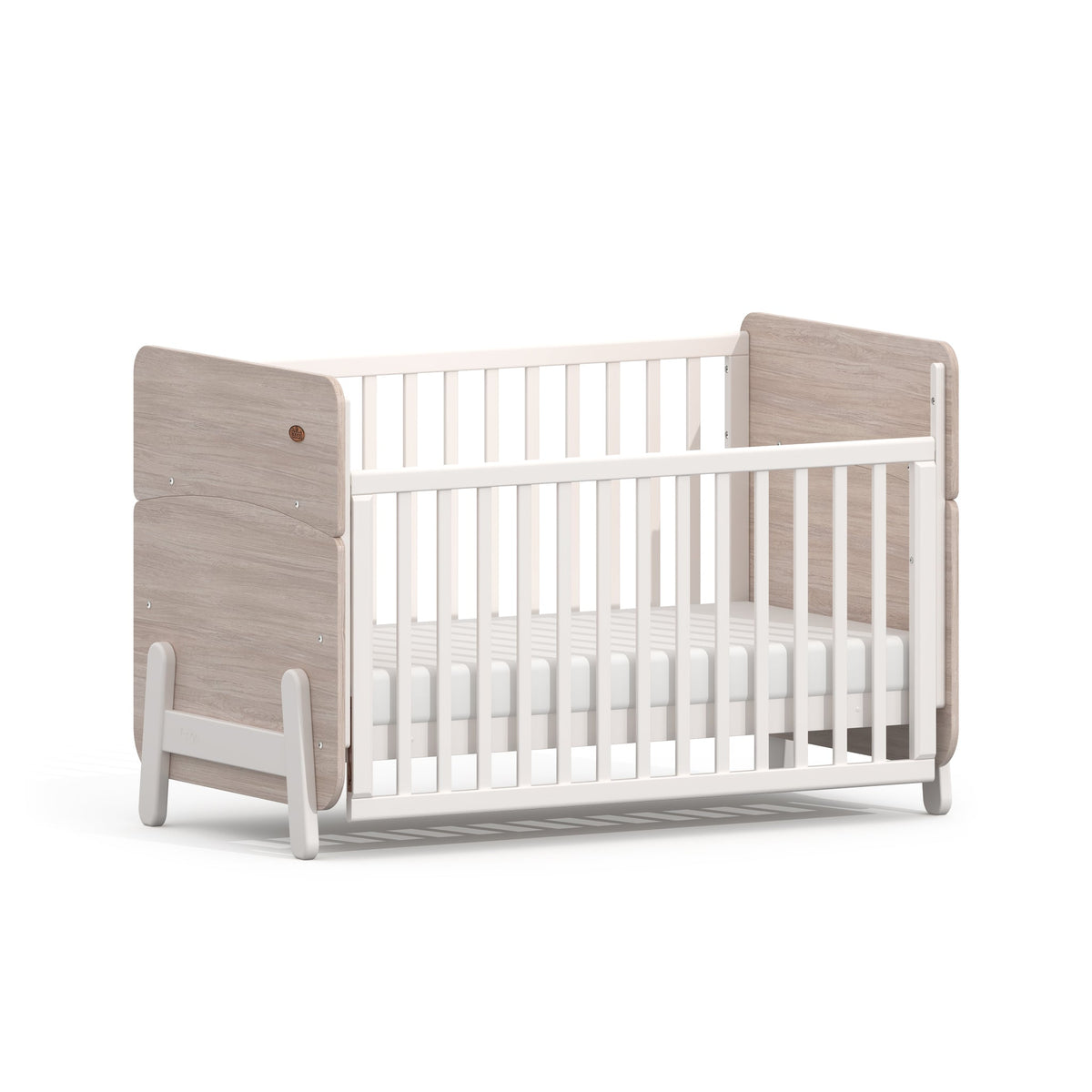 Boori Natty Ergonomic Cot Bed in White & Oak with drop side lowered