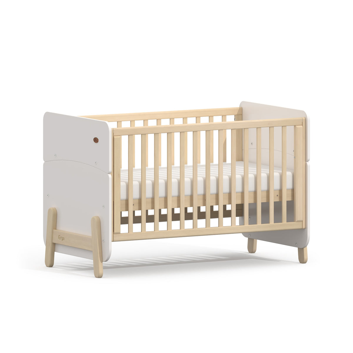 Boori Natty Ergonomic Cot Bed White & Natural with mattress base in the high newborn position