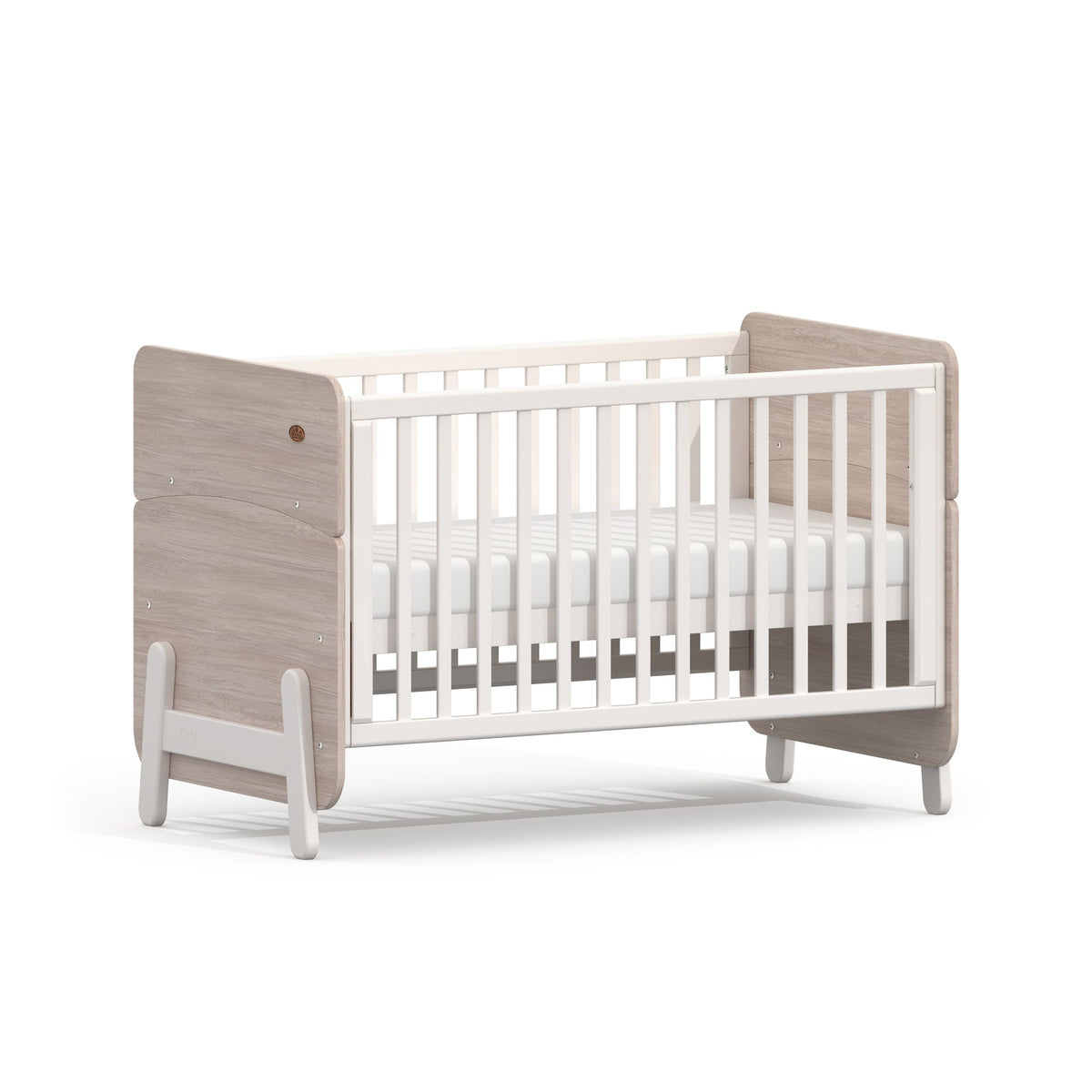 Boori Natty Ergonomic Cot Bed White & Oak with mattress base in the high position