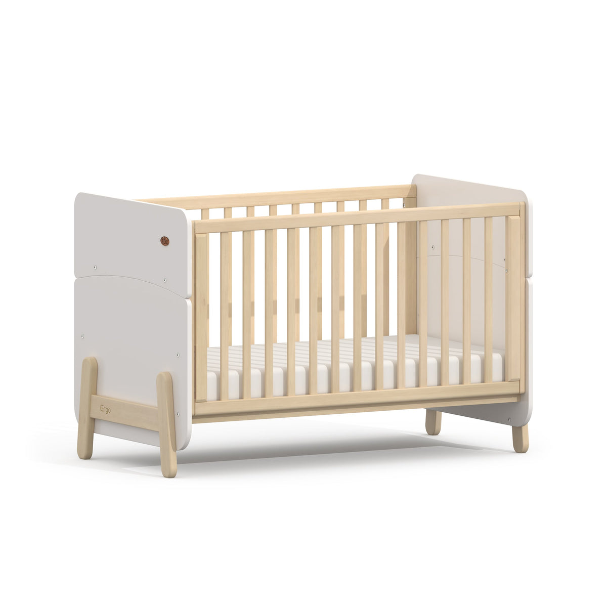 Boori Natty Ergonomic Cot Bed White & Natural with mattress base in the low position
