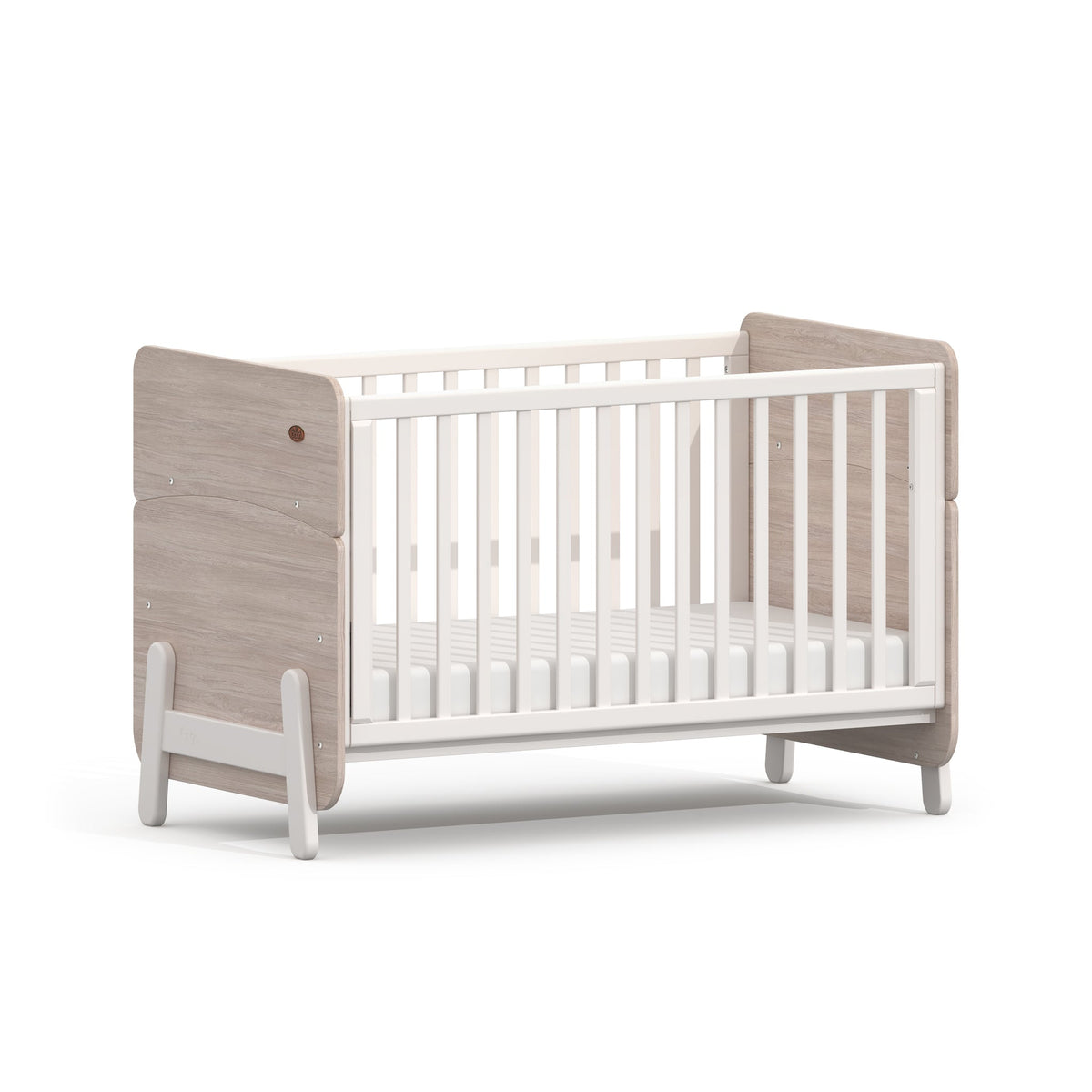 Boori Natty Ergonomic Cot Bed White & Oak with mattress base in the low position