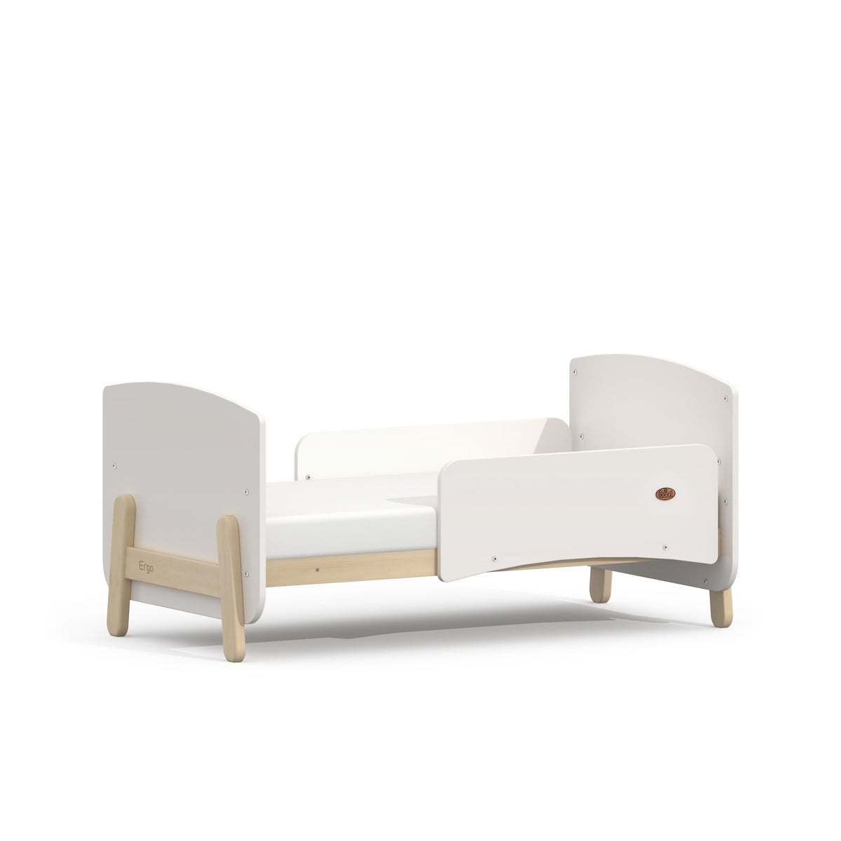Boori Natty Ergonomic Cot Bed White & Natural converted to a toddler bed with guardrail headboard
