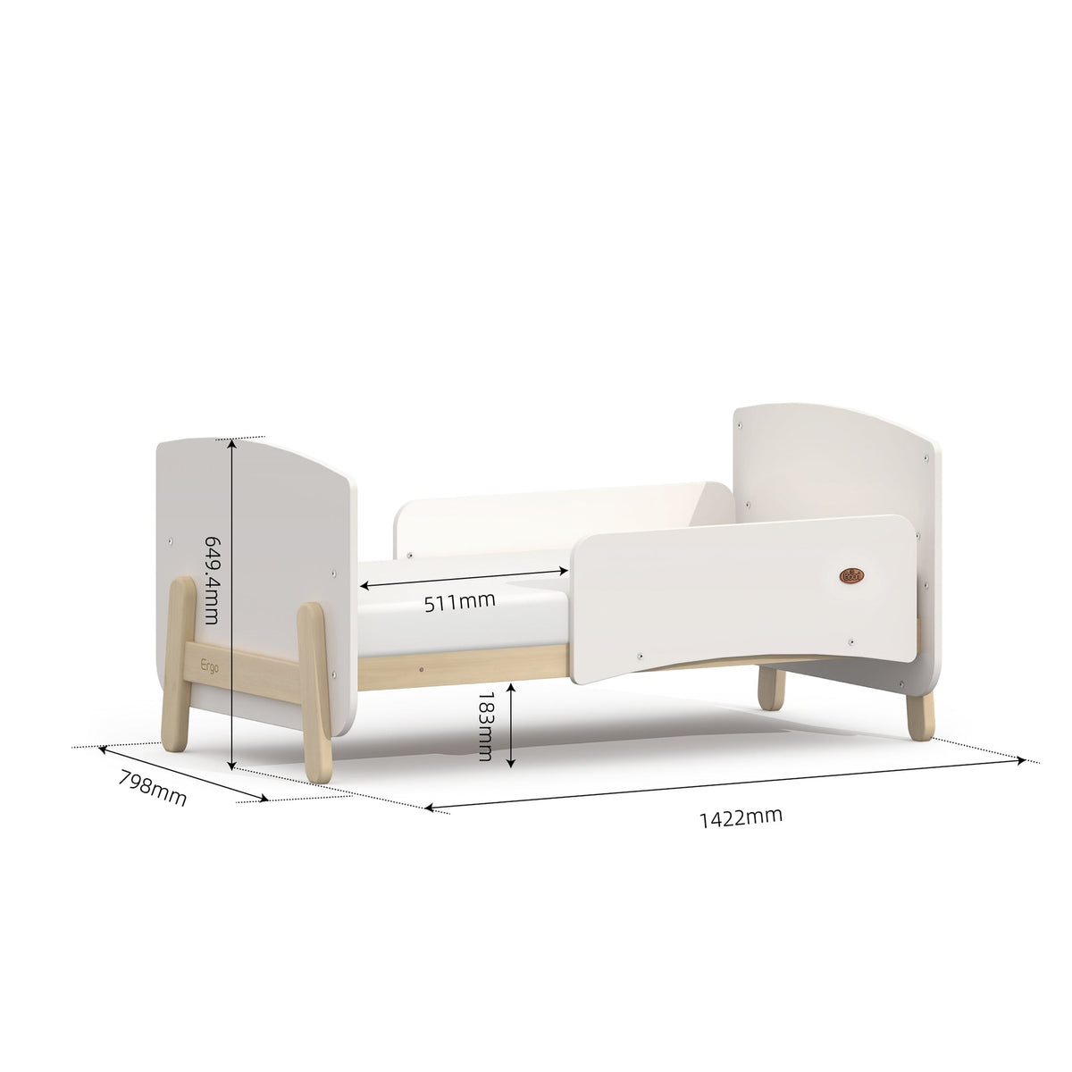 Boori Natty Ergonomic Cot Bed toddler bed mode dimensions diagram