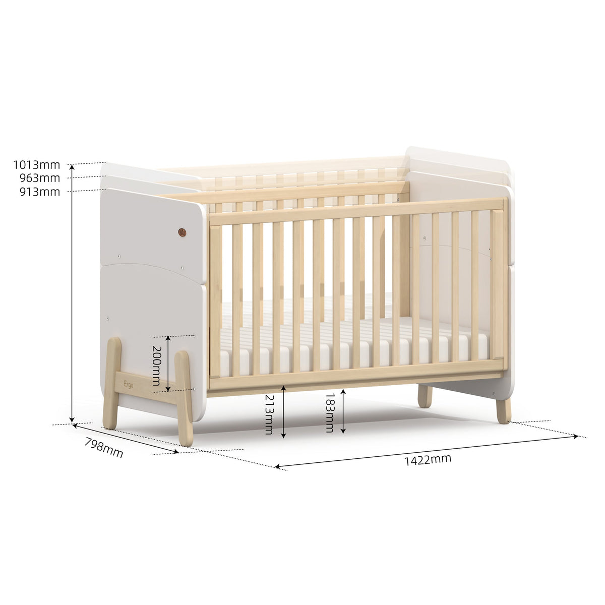 Boori Natty Ergonomic Cot Bed dimensions diagram, 142.2cm long and 79.8cm wide