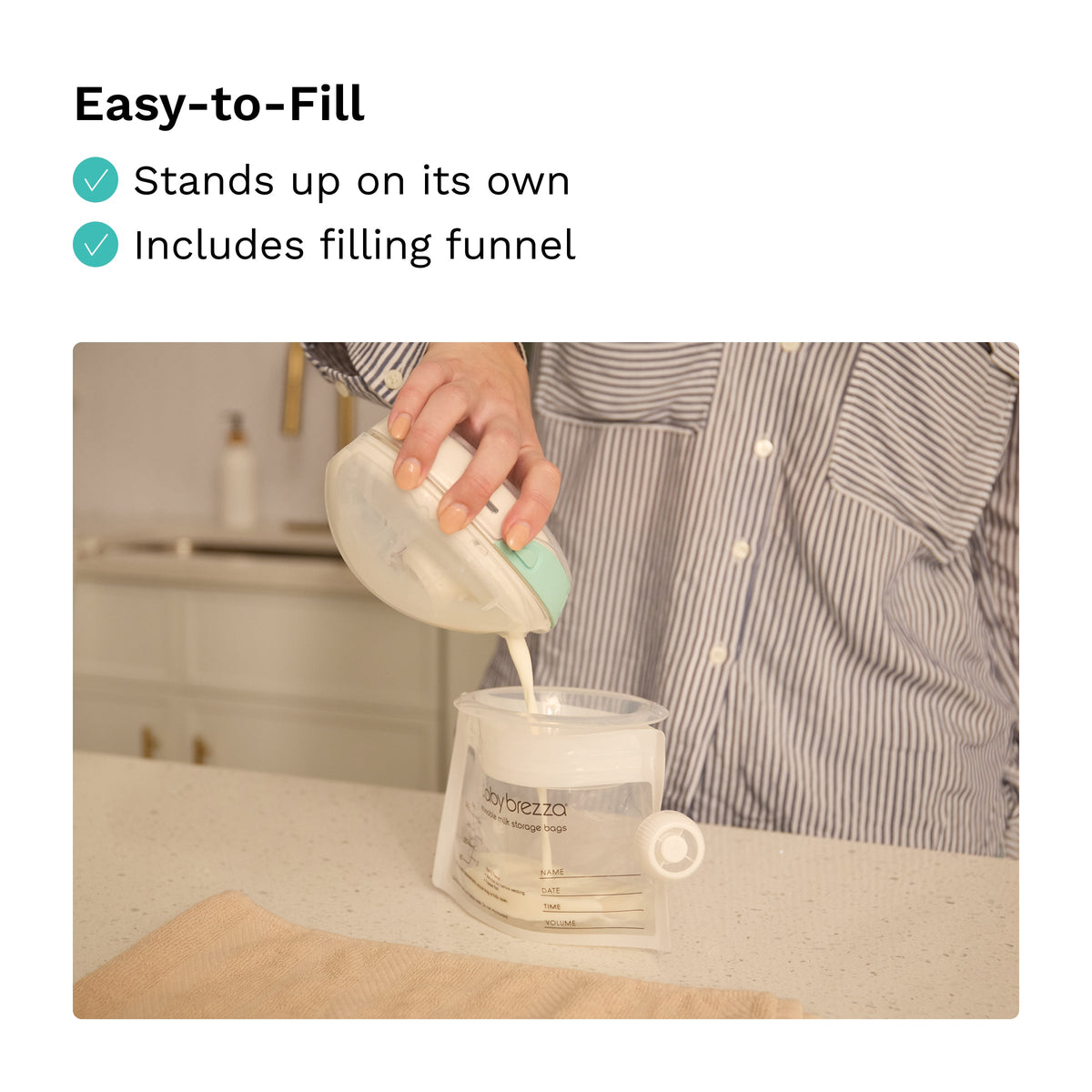 Filling a Baby Brezza breast milk bag using the funnel