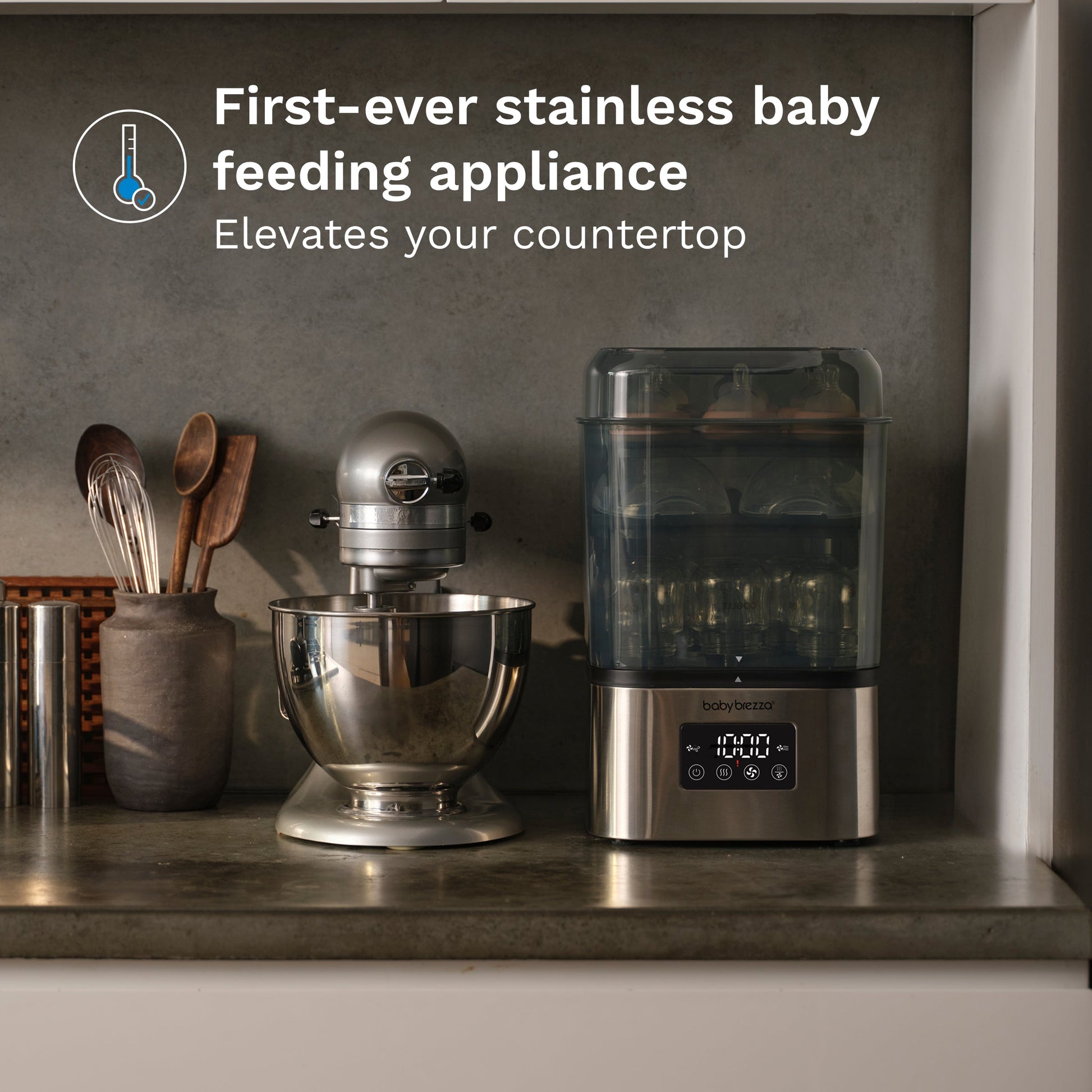 Baby Brezza SuperQuick steriliser and dryer, Stainless Steel, open door view