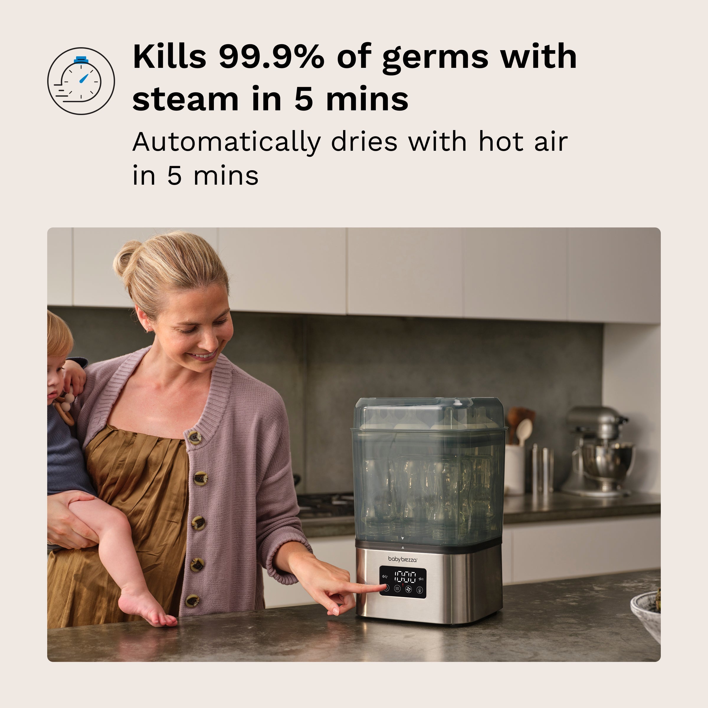 Baby Brezza SuperQuick steriliser and dryer, Stainless Steel, loaded with baby bottles