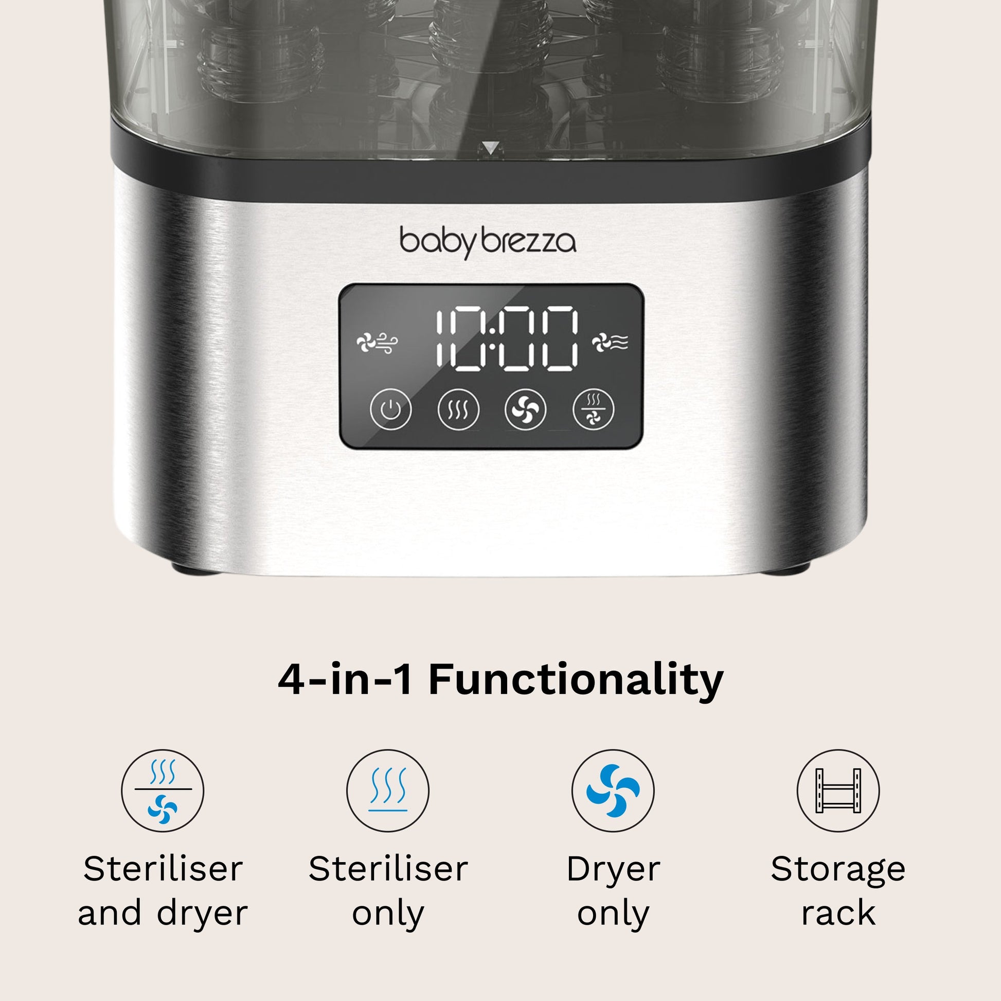 Baby Brezza SuperQuick steriliser and dryer, Stainless Steel, loaded with pump parts