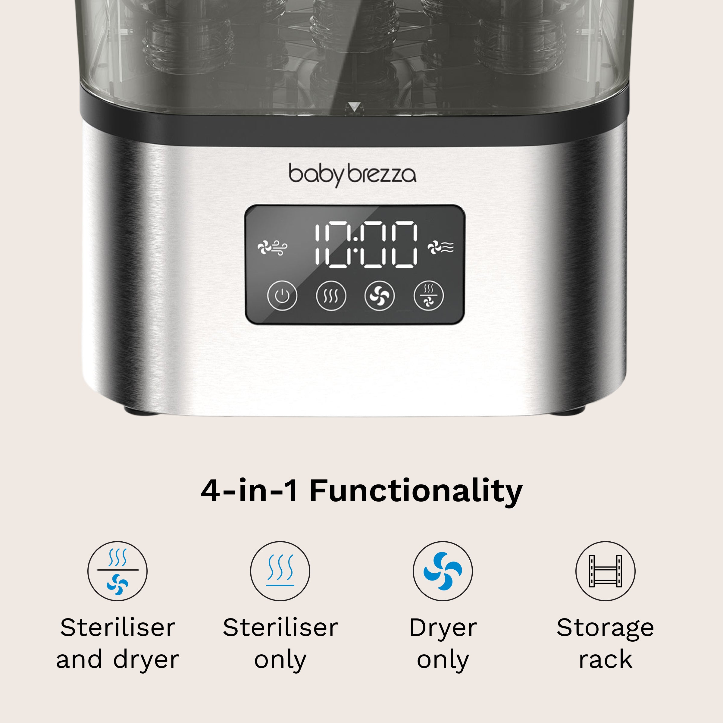 Baby Brezza SuperQuick steriliser and dryer, Stainless Steel, loaded with pump parts