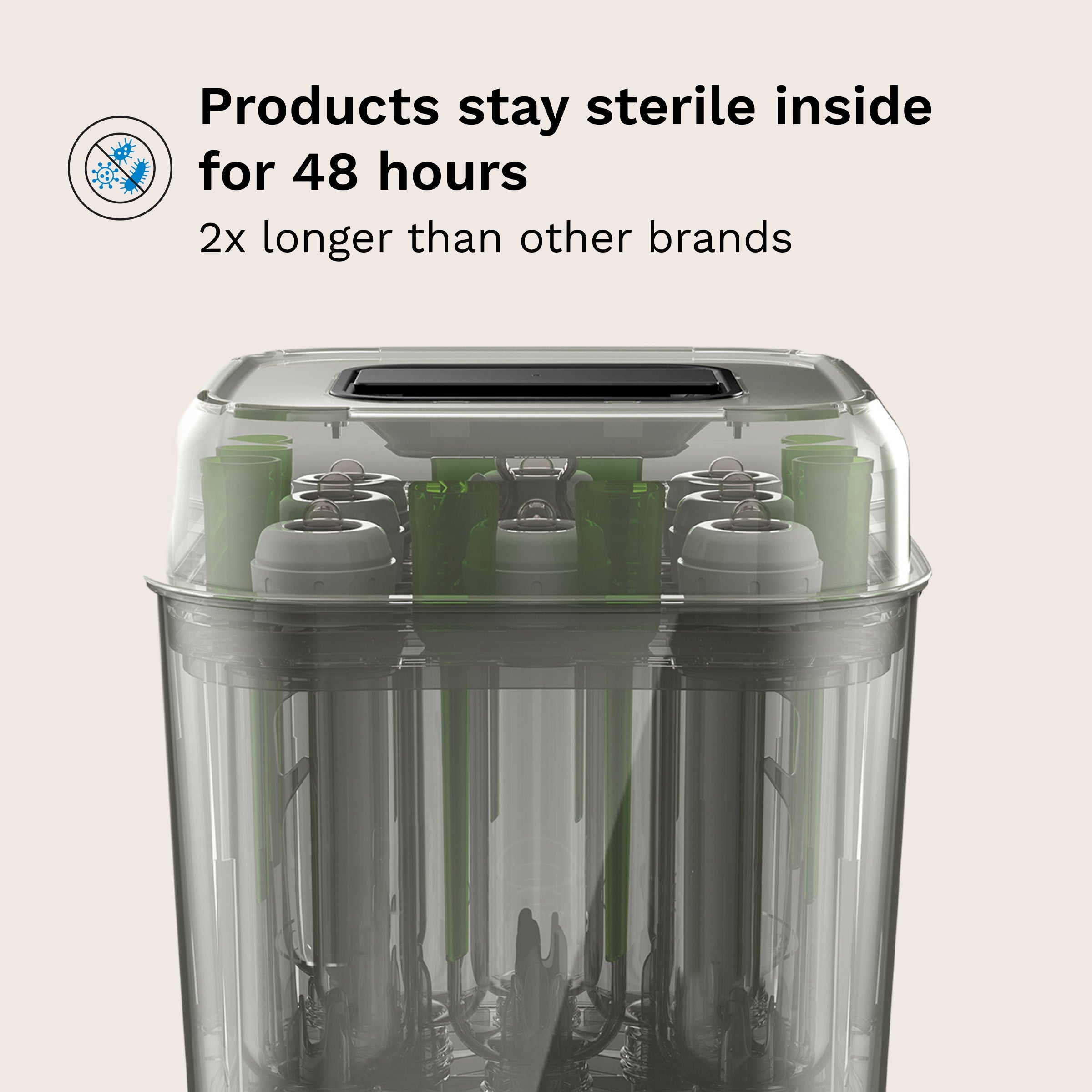 Baby Brezza SuperQuick steriliser and dryer, Stainless Steel, close-up detail