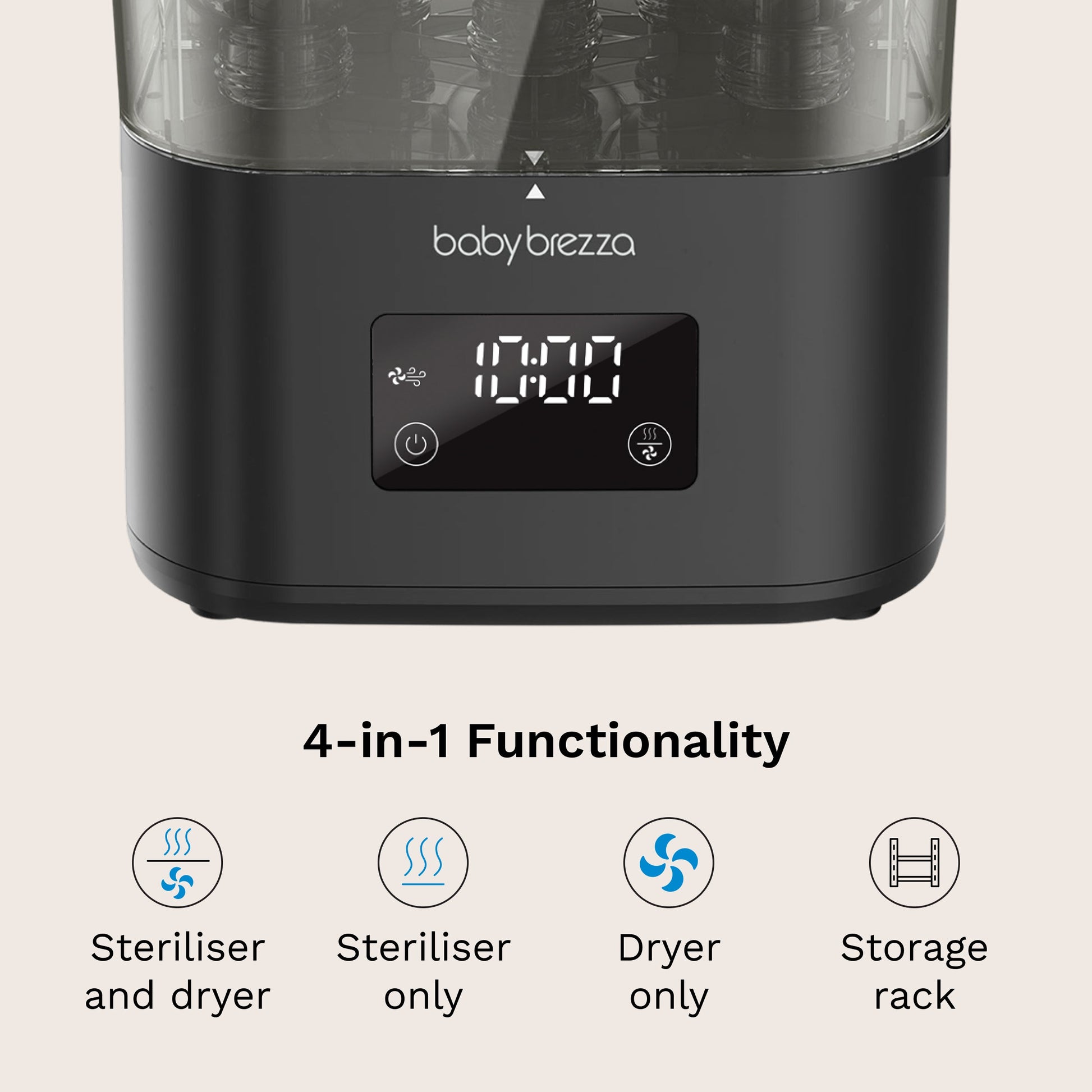 Baby Brezza SuperQuick steriliser and dryer, Matte Black, loaded with baby bottles