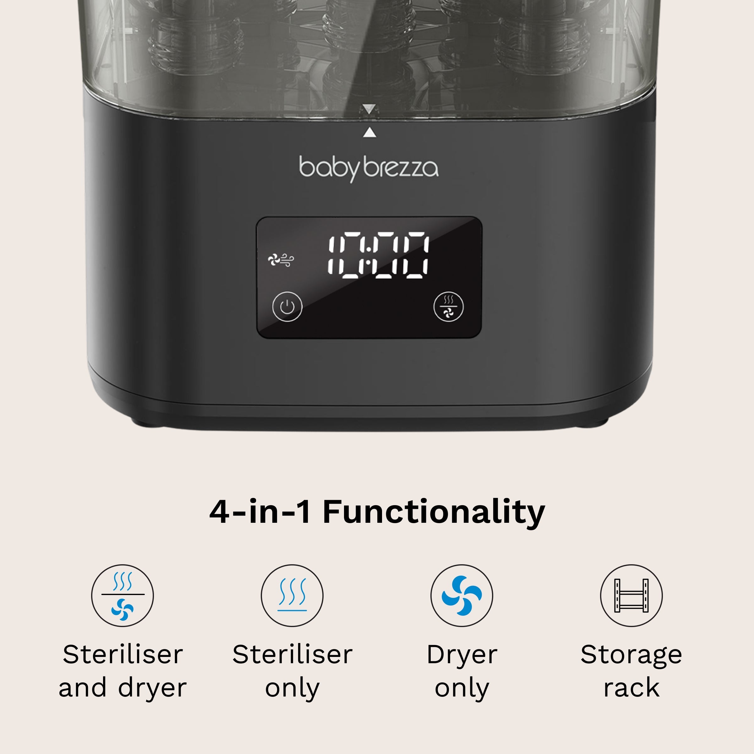 Baby Brezza SuperQuick steriliser and dryer, Matte Black, loaded with baby bottles