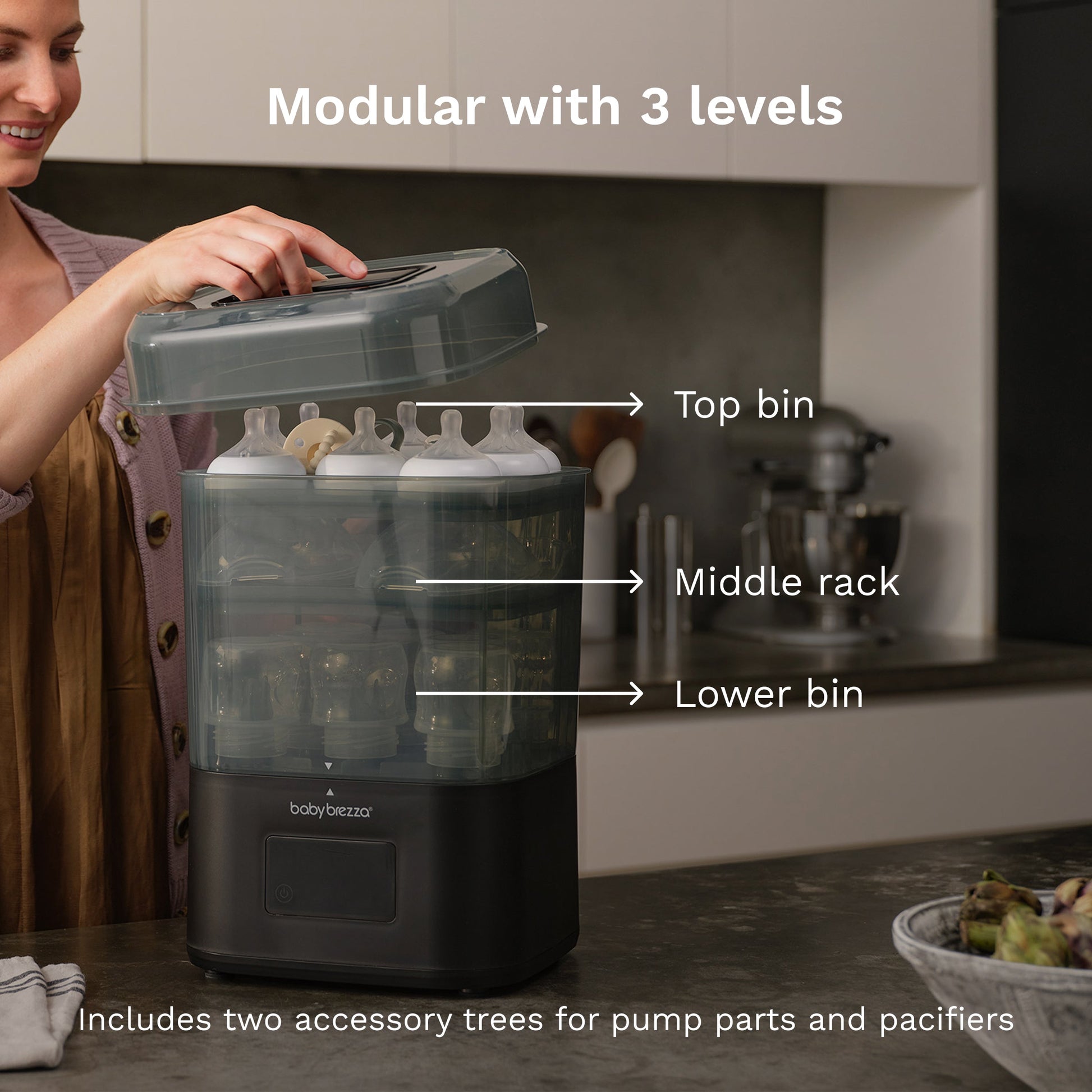 Baby Brezza SuperQuick steriliser and dryer, Matte Black, loaded with pump parts