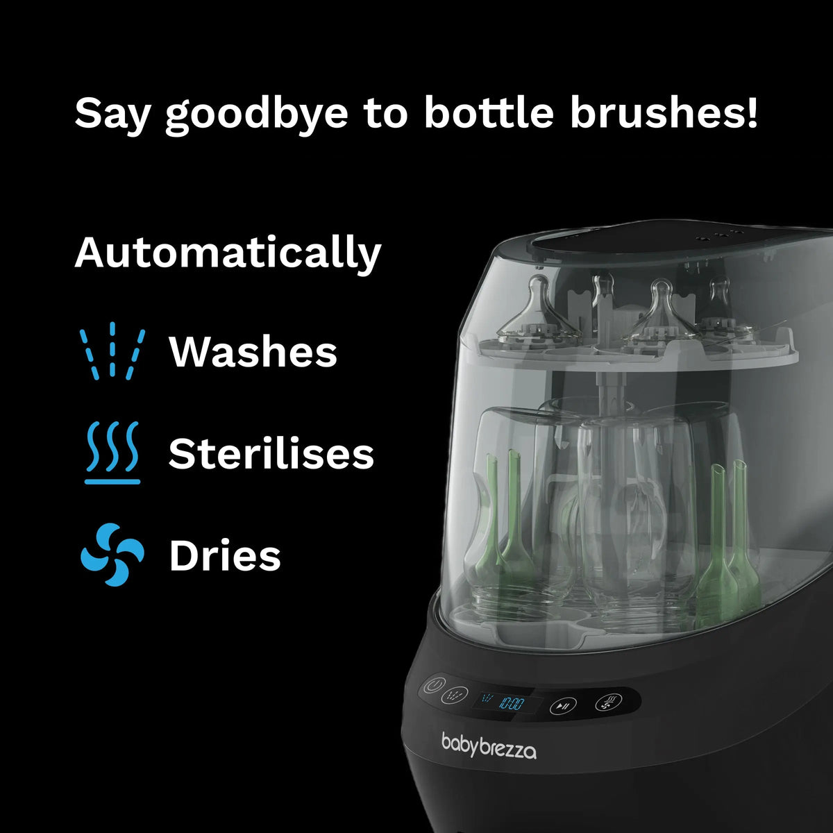 Baby Brezza Bottle Washer Pro in Black automatically washes, sterilises and dries bottles