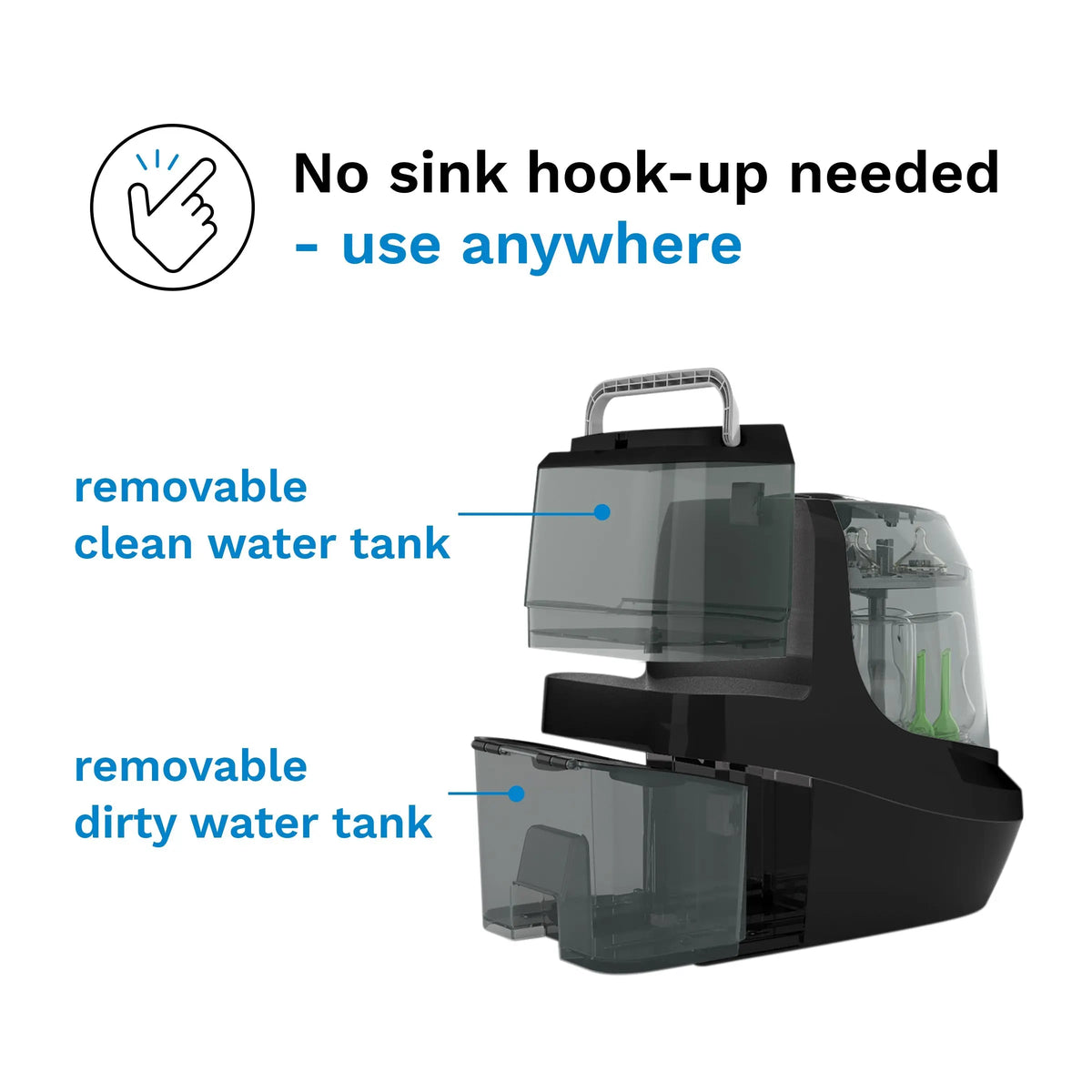 Baby Brezza Bottle Washer Pro removable clean and dirty water tanks, no plumbing needed