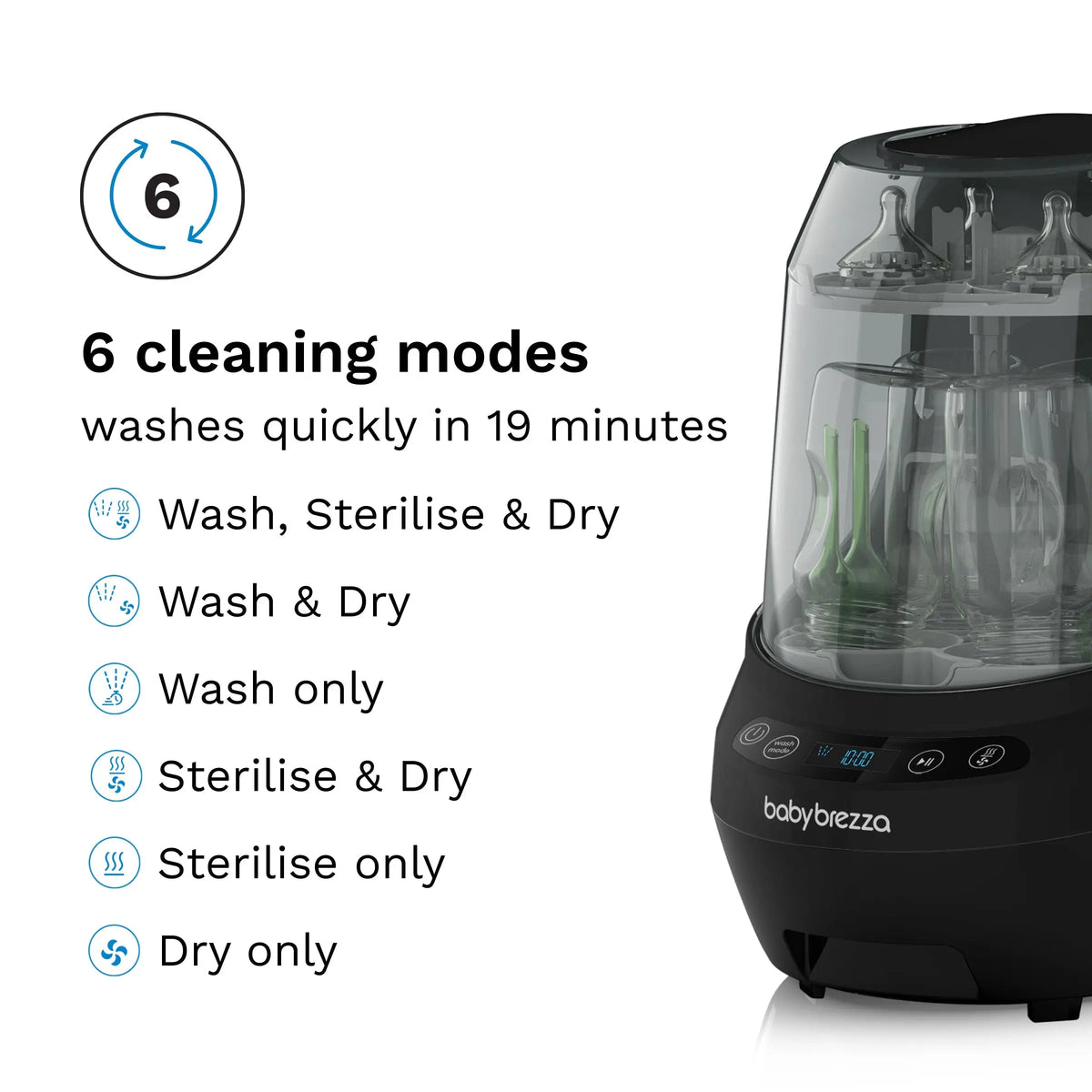Baby Brezza Bottle Washer Pro 6 cleaning modes