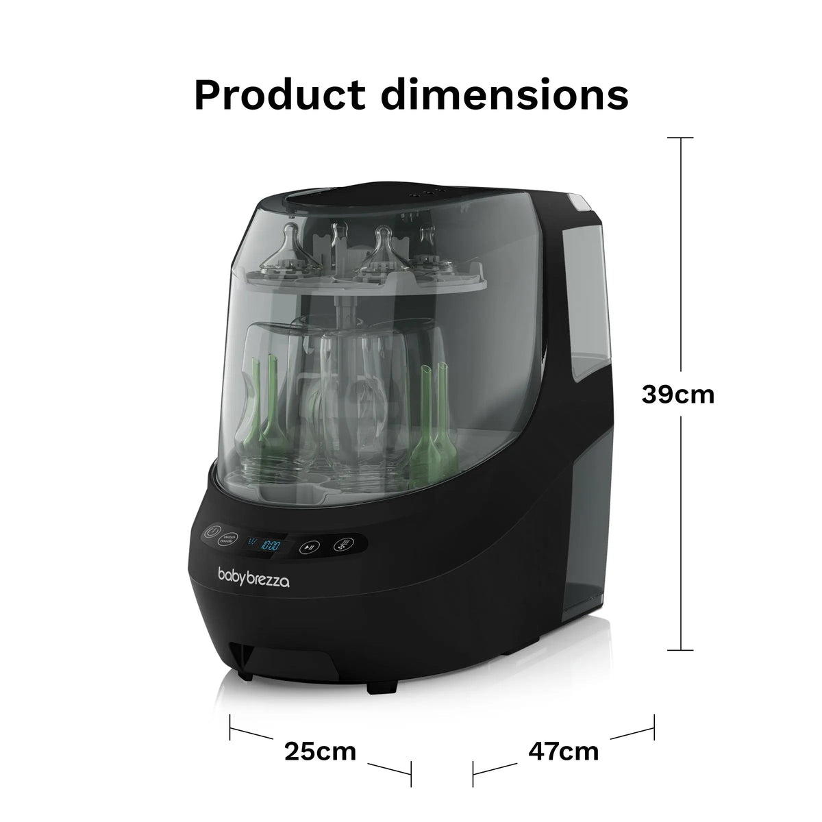 Baby Brezza Bottle Washer Pro dimensions: 39 cm high, 25 cm wide, 47 cm deep