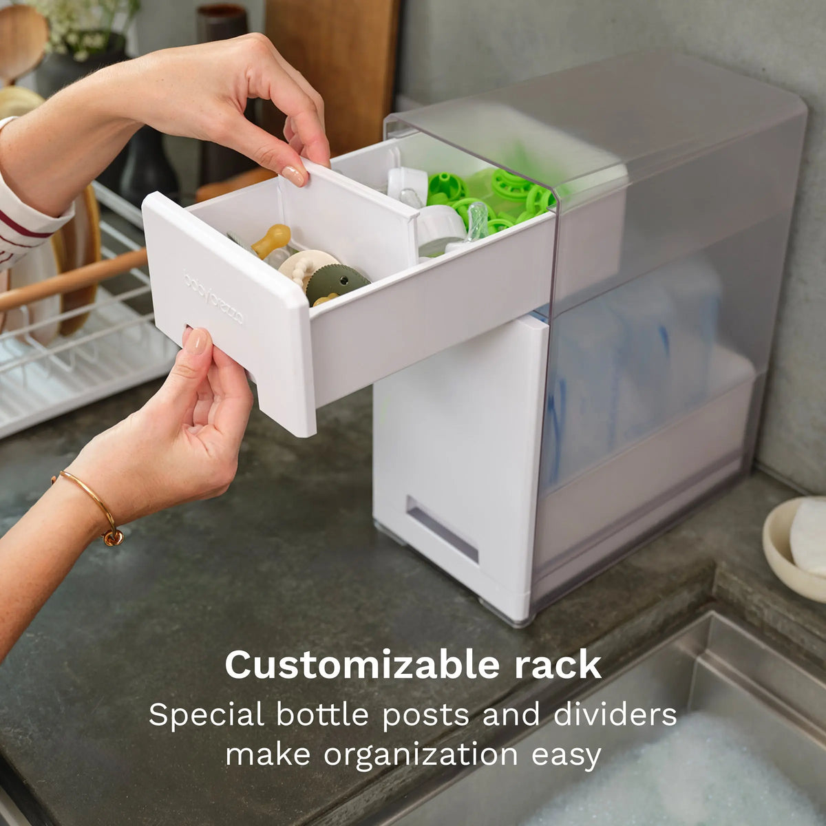 Baby Brezza Covered Drying Rack top bin with dividers for accessories