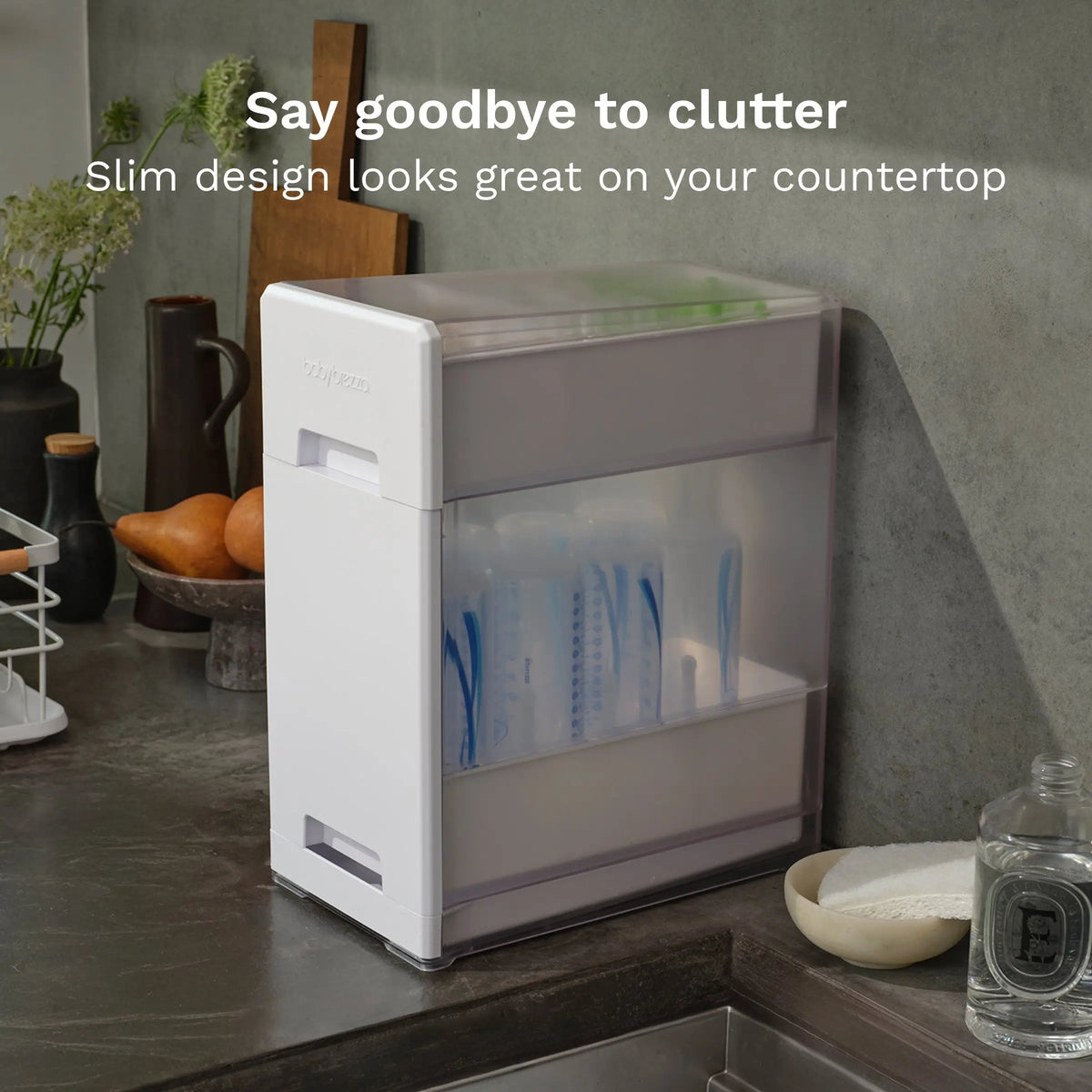 Baby Brezza Covered Drying Rack on a kitchen bench