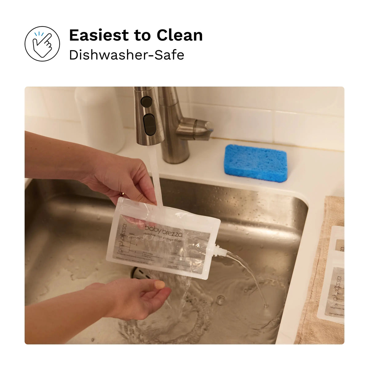 Washing a Baby Brezza reusable breast milk bag in the sink
