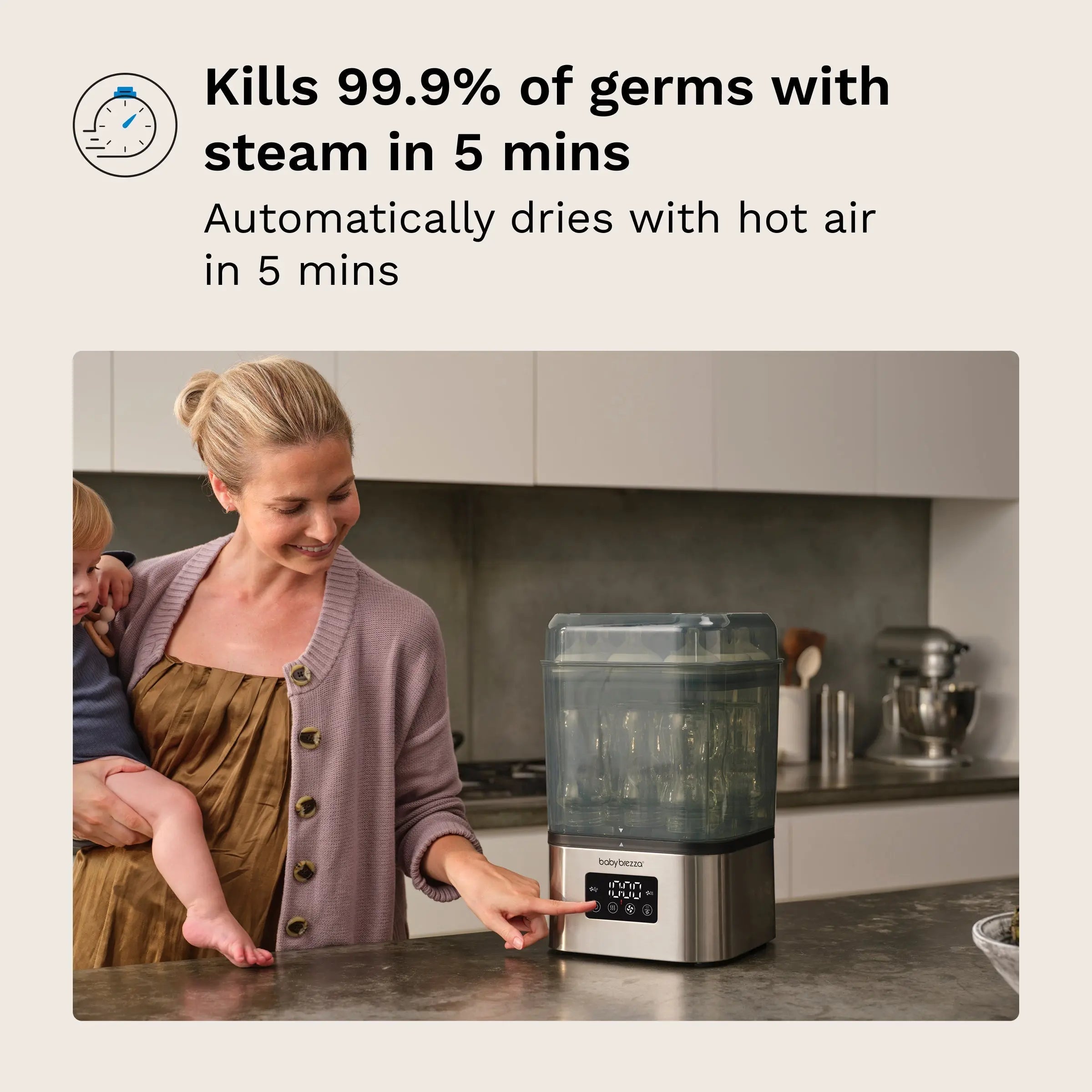 Baby Brezza SuperQuick steriliser and dryer, Stainless Steel, loaded with baby bottles