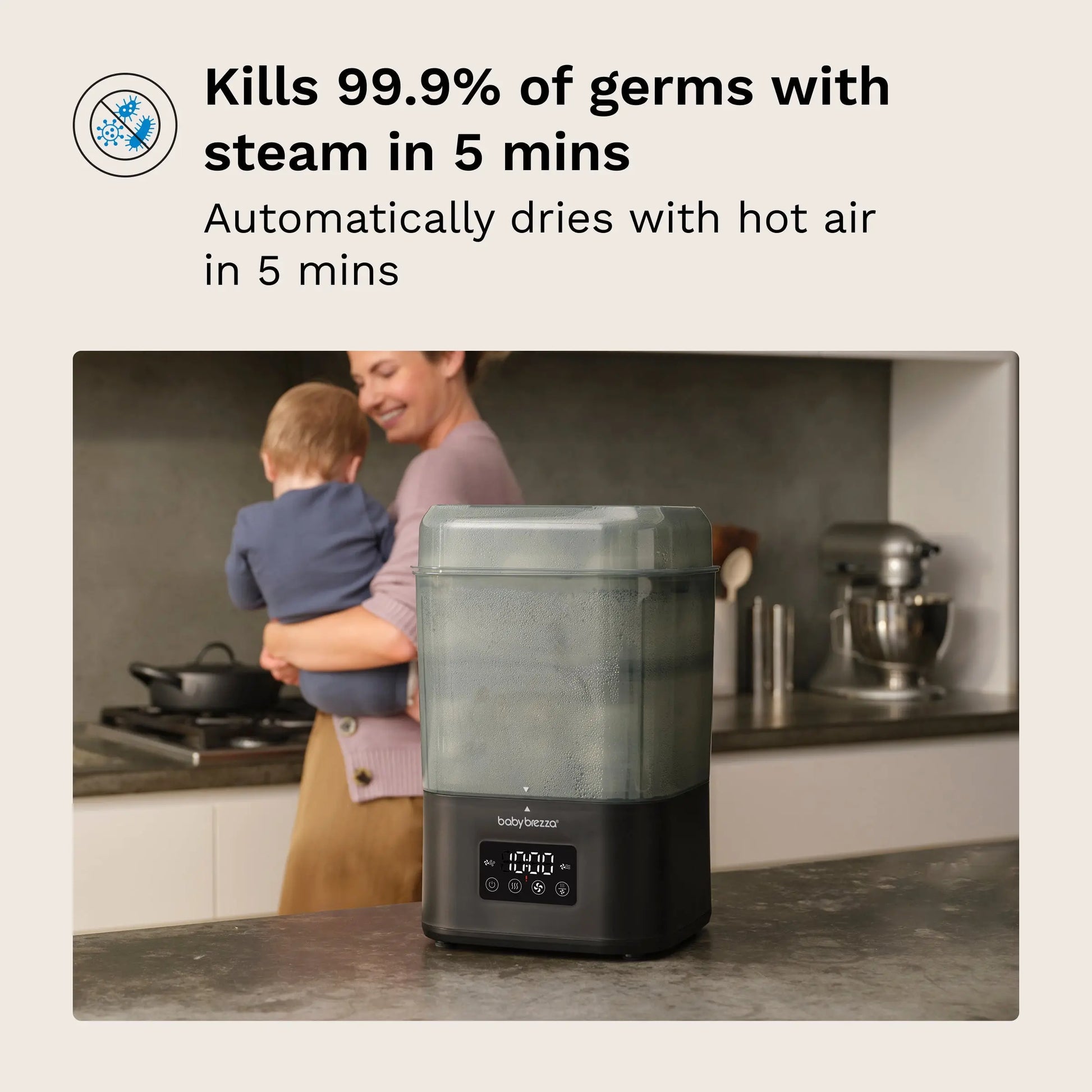 Baby Brezza SuperQuick steriliser and dryer, Matte Black, LCD control panel
