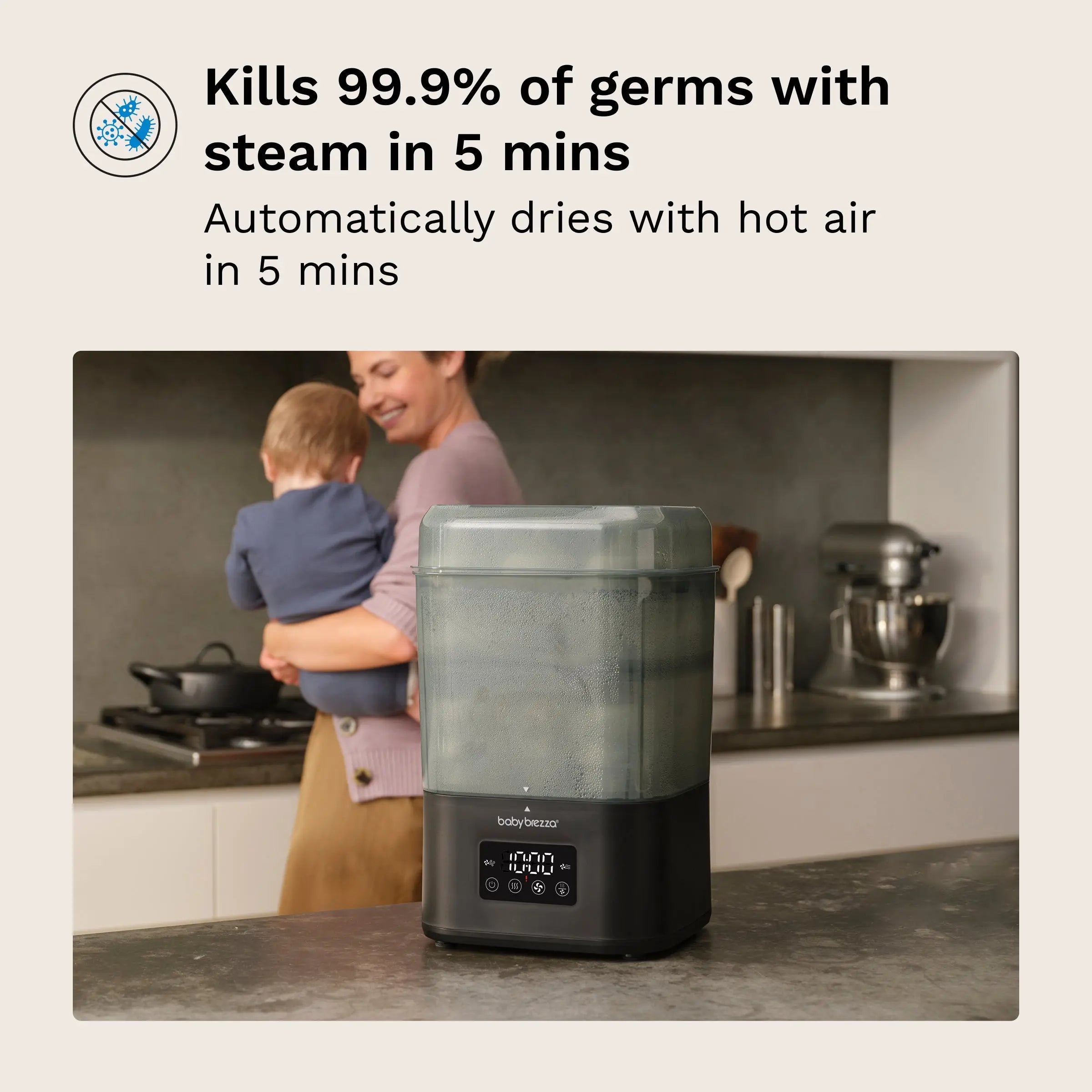 Baby Brezza SuperQuick steriliser and dryer, Matte Black, LCD control panel