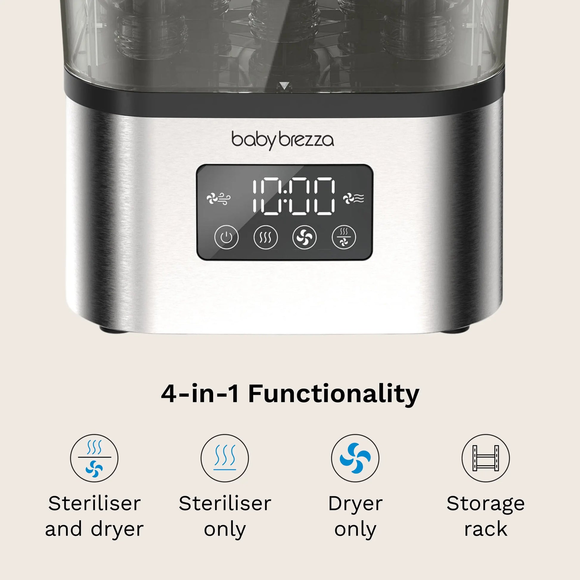 Baby Brezza SuperQuick steriliser and dryer, Stainless Steel, loaded with pump parts