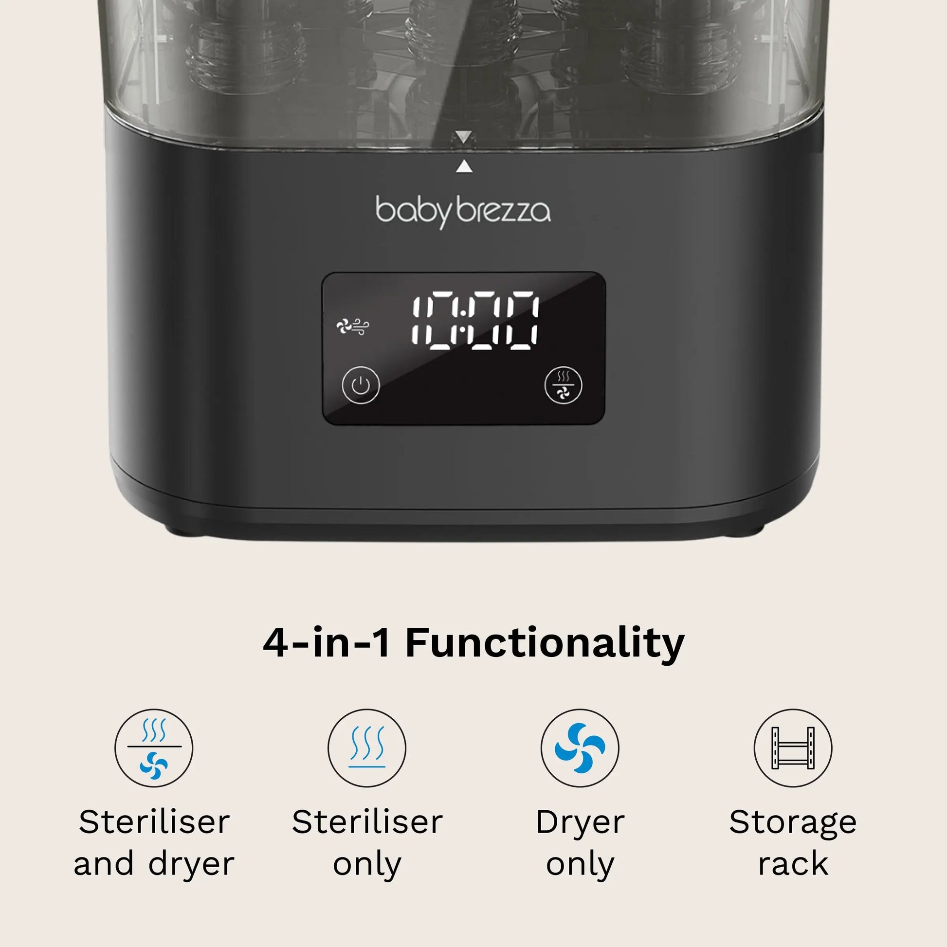 Baby Brezza SuperQuick steriliser and dryer, Matte Black, loaded with baby bottles