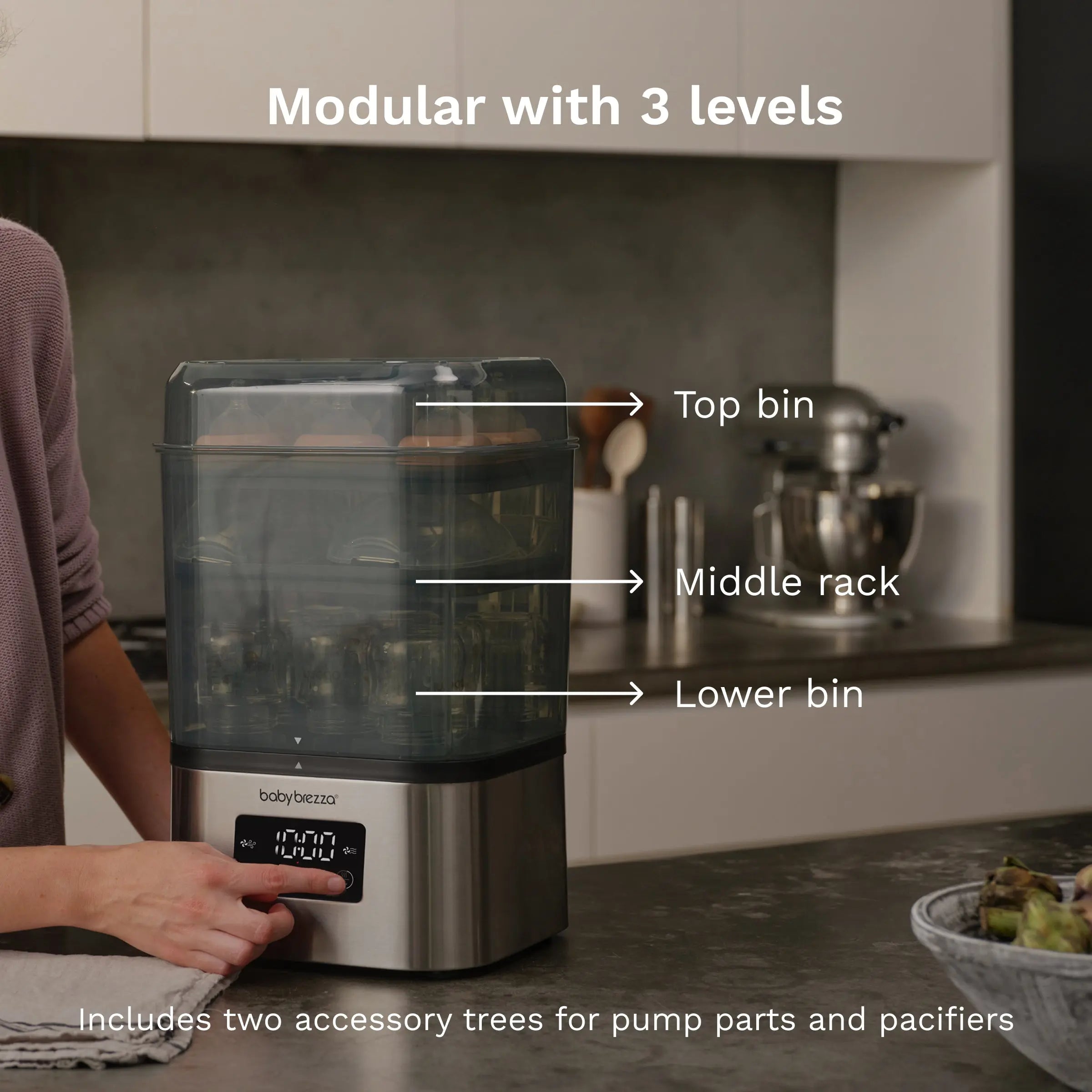 Baby Brezza SuperQuick steriliser and dryer, Stainless Steel, on kitchen countertop