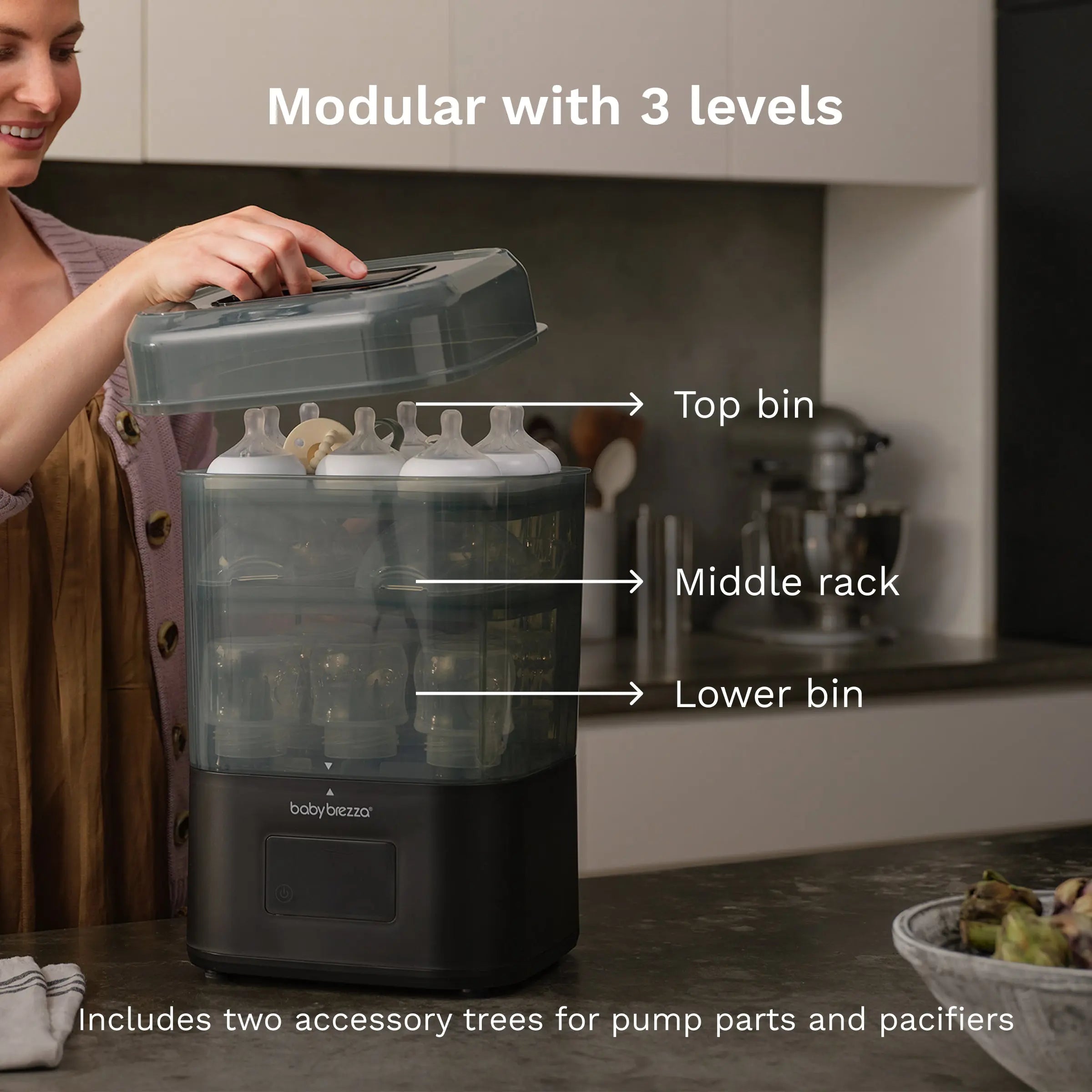 Baby Brezza SuperQuick steriliser and dryer, Matte Black, loaded with pump parts
