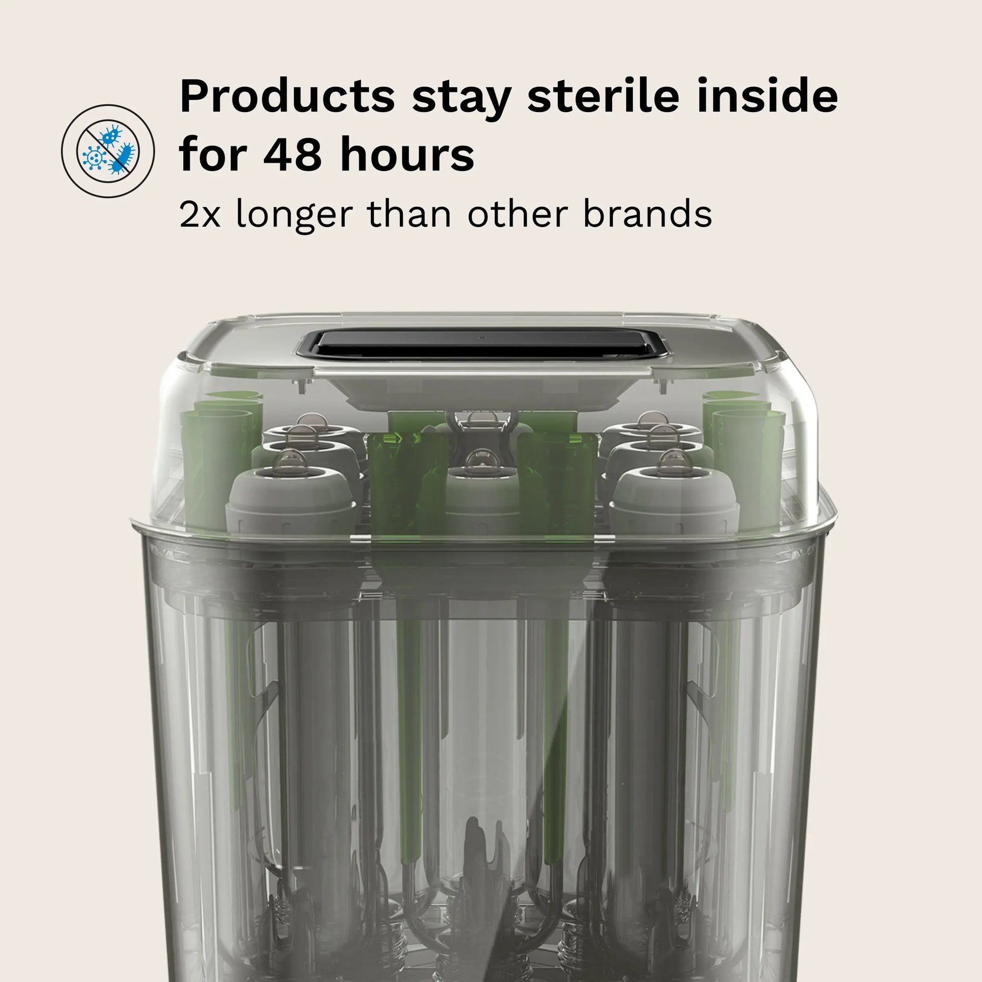 Baby Brezza SuperQuick steriliser and dryer, Stainless Steel, close-up detail