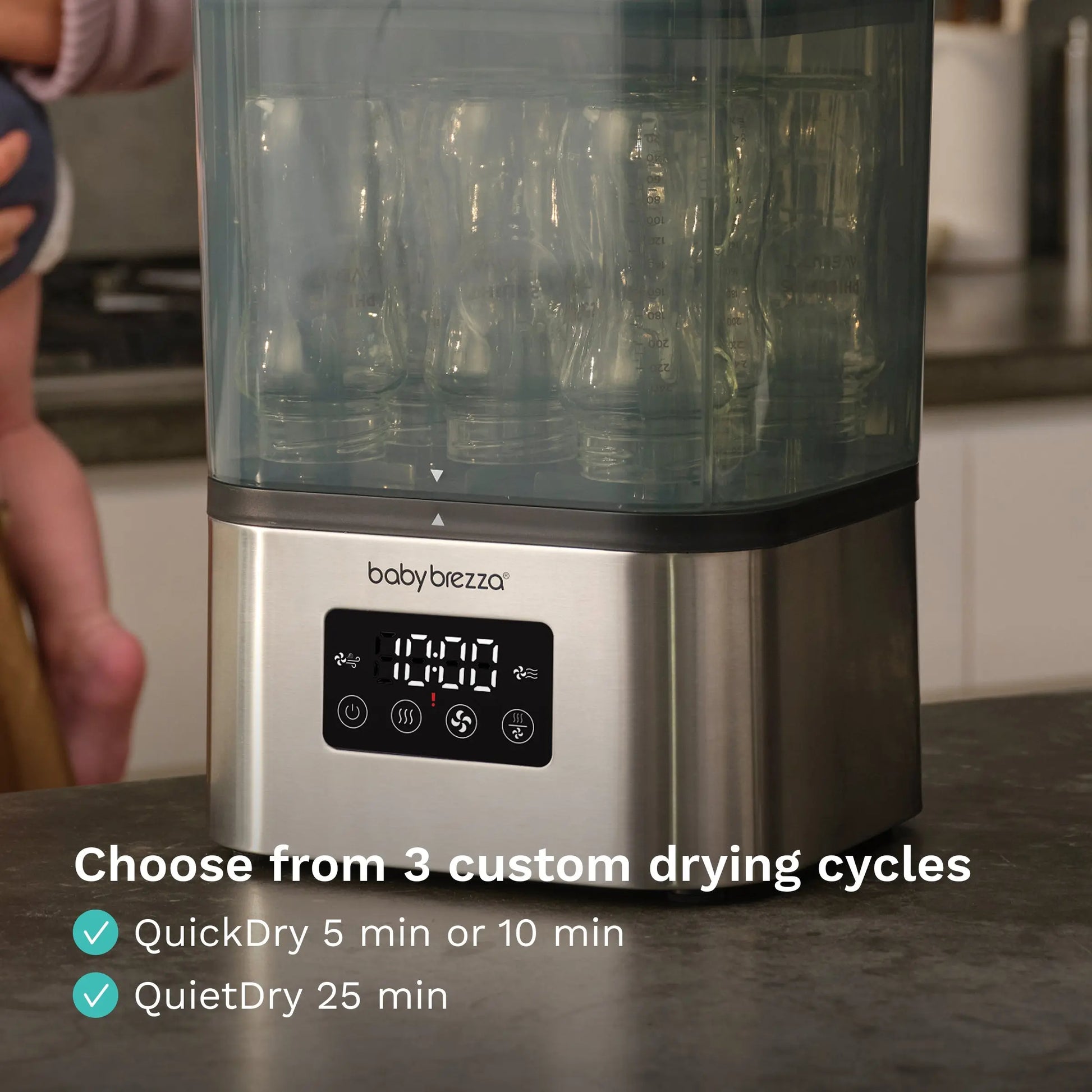 Baby Brezza SuperQuick steriliser and dryer, Stainless Steel, lifestyle in use