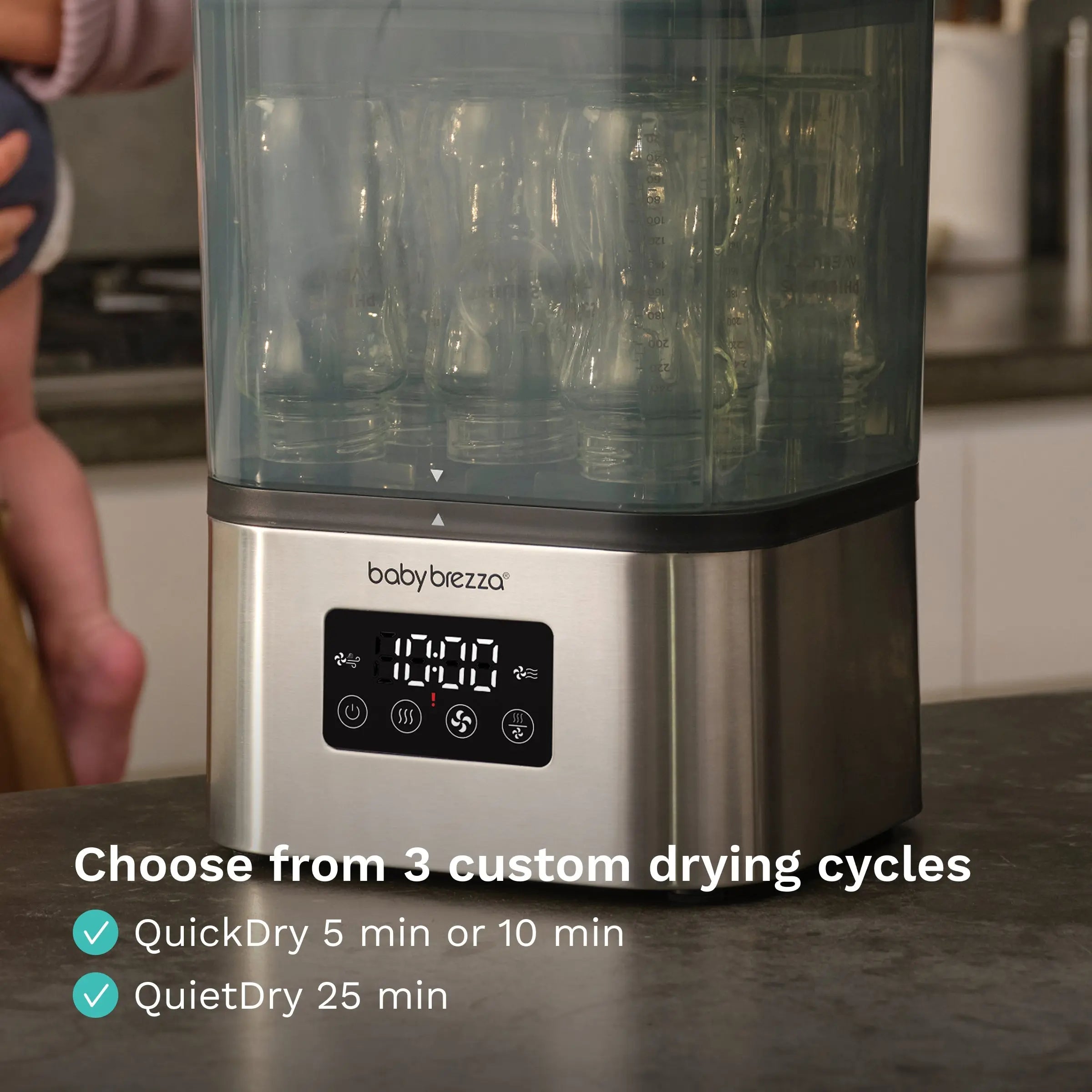 Baby Brezza SuperQuick steriliser and dryer, Stainless Steel, lifestyle in use
