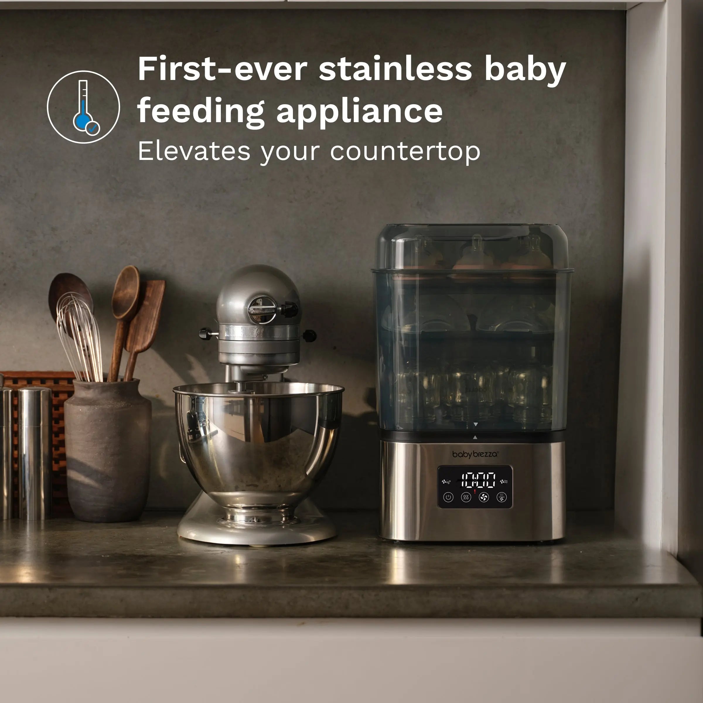 Baby Brezza SuperQuick steriliser and dryer, Stainless Steel, open door view