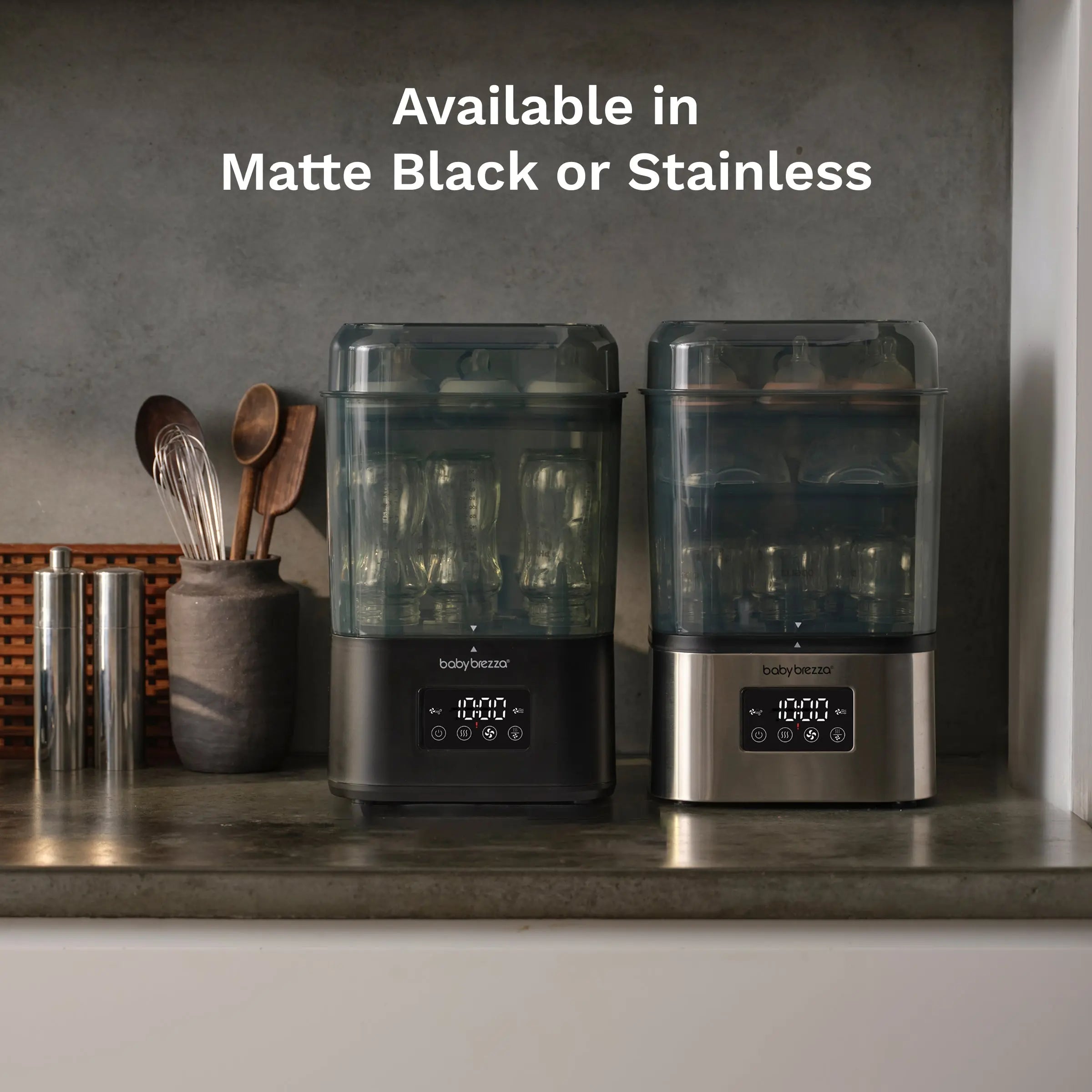Baby Brezza SuperQuick steriliser and dryer, Stainless Steel, feature callouts