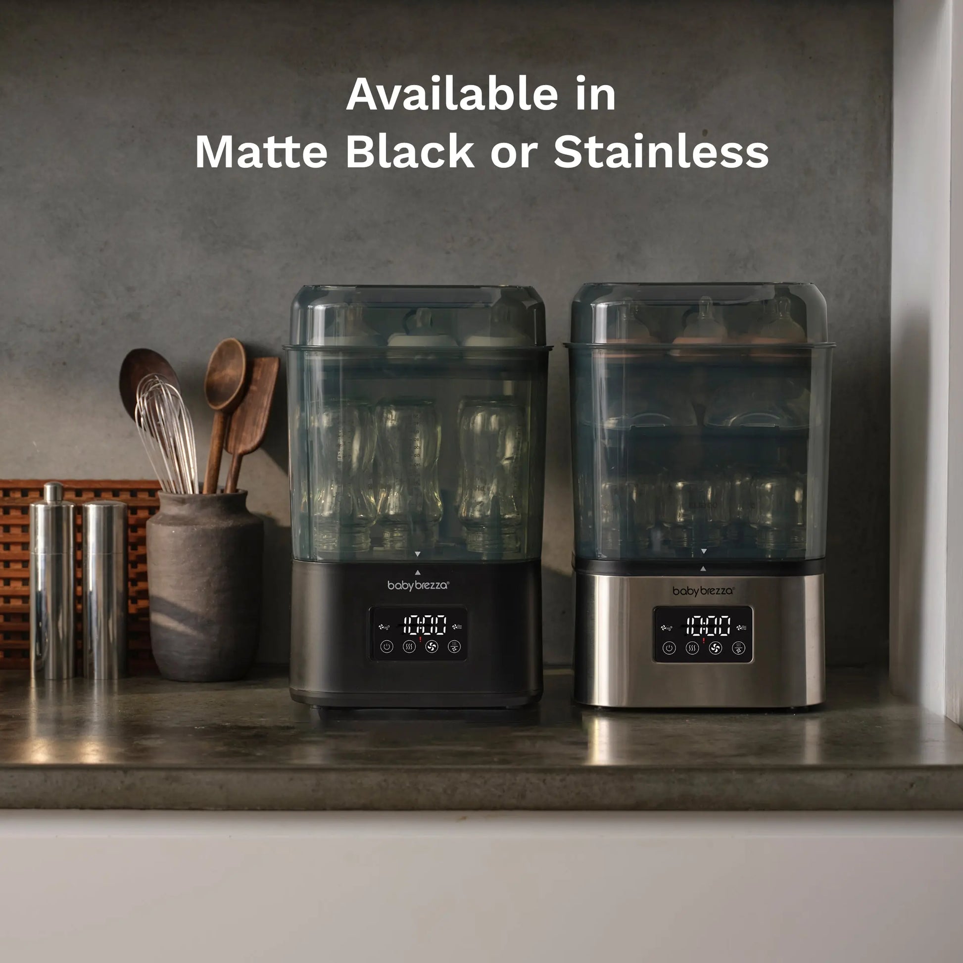 Baby Brezza SuperQuick steriliser and dryer, Matte Black, lifestyle in use
