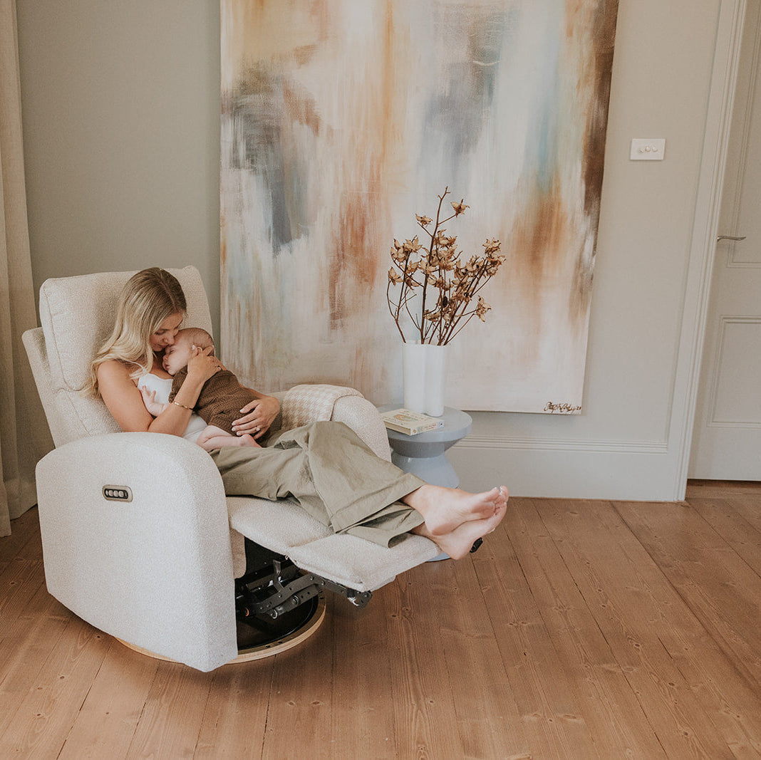 Babyrest Harlow Electric Nursery Chair in Oat styled in a nursery