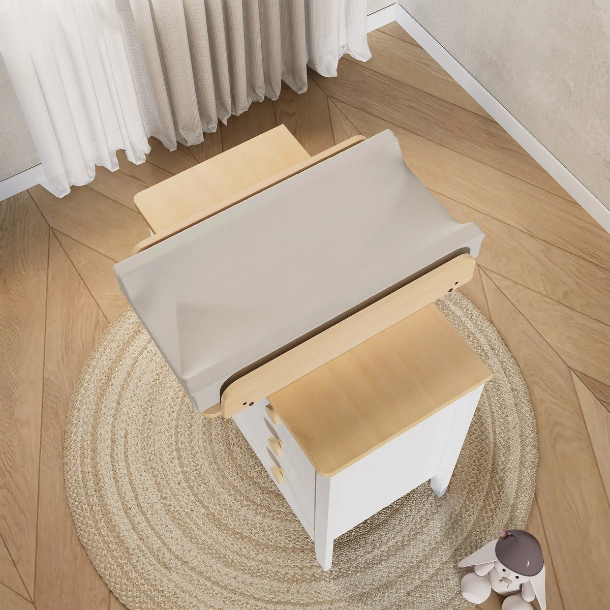 Boori Duo-Fit Change Tray installed on Boori 6 Drawer Chest — complete changing station