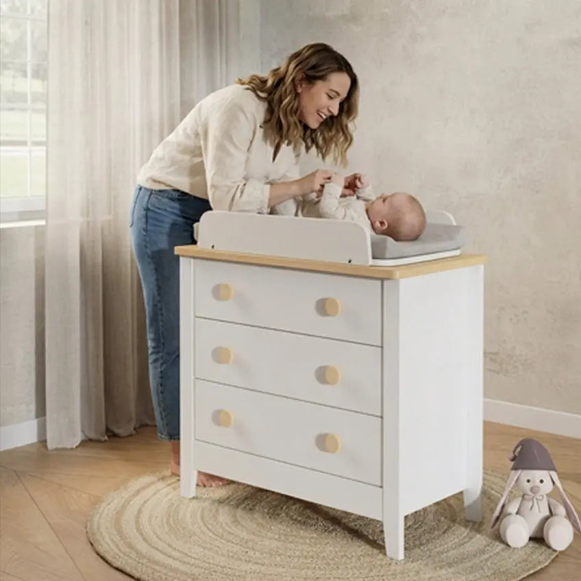 Boori Soft Lux Change Pad styled on Duo-Fit Change Tray in modern nursery