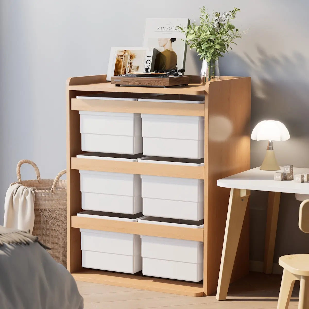 Boori Tall Tidy Cabinet in Beech styled in a child's room