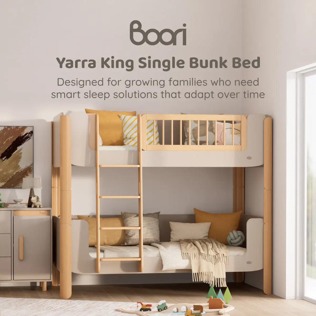 Boori Yarra King Single Bunk Bed styled with bedding