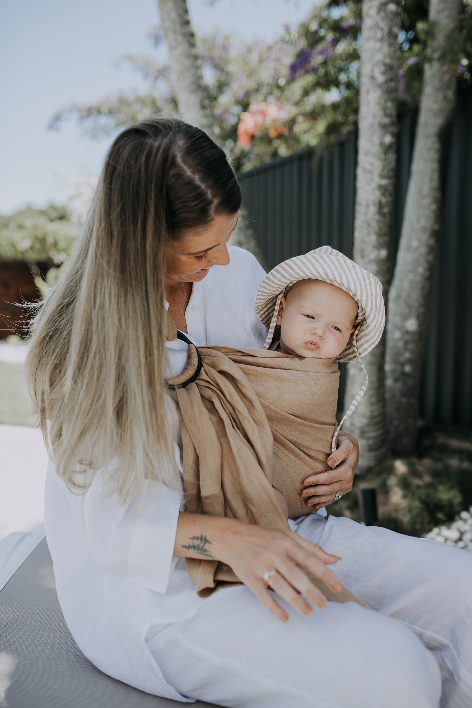 Close-up of the Burleigh cream and warm tan stripe on the Mumma Etcetera baby hat