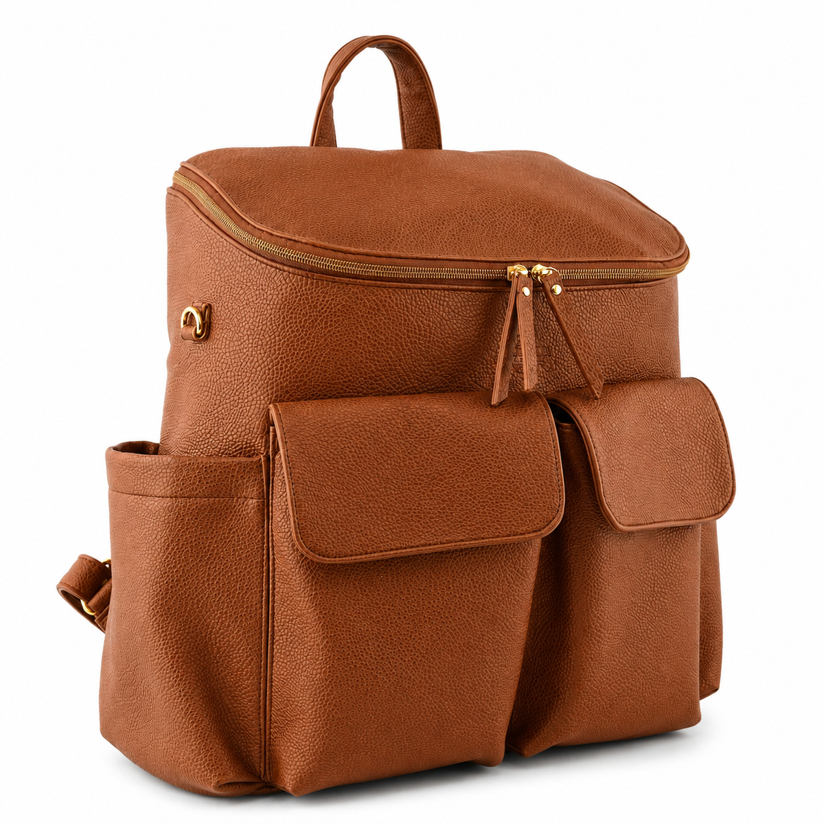 Coco Mae Lyon nappy backpack angled view, Tan
